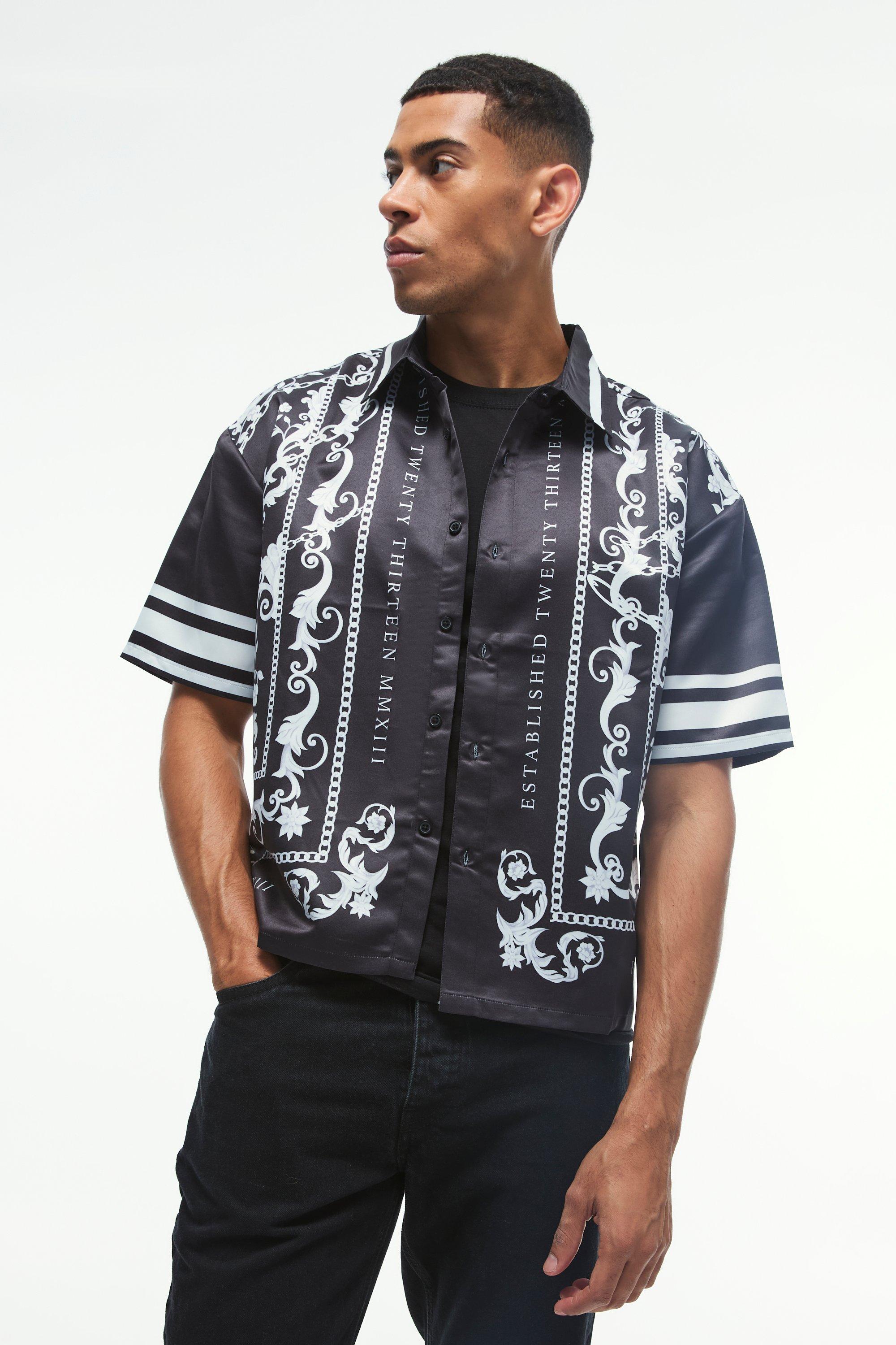 Mens Black Oversized Satin Border Print Boxy Shirt, Black