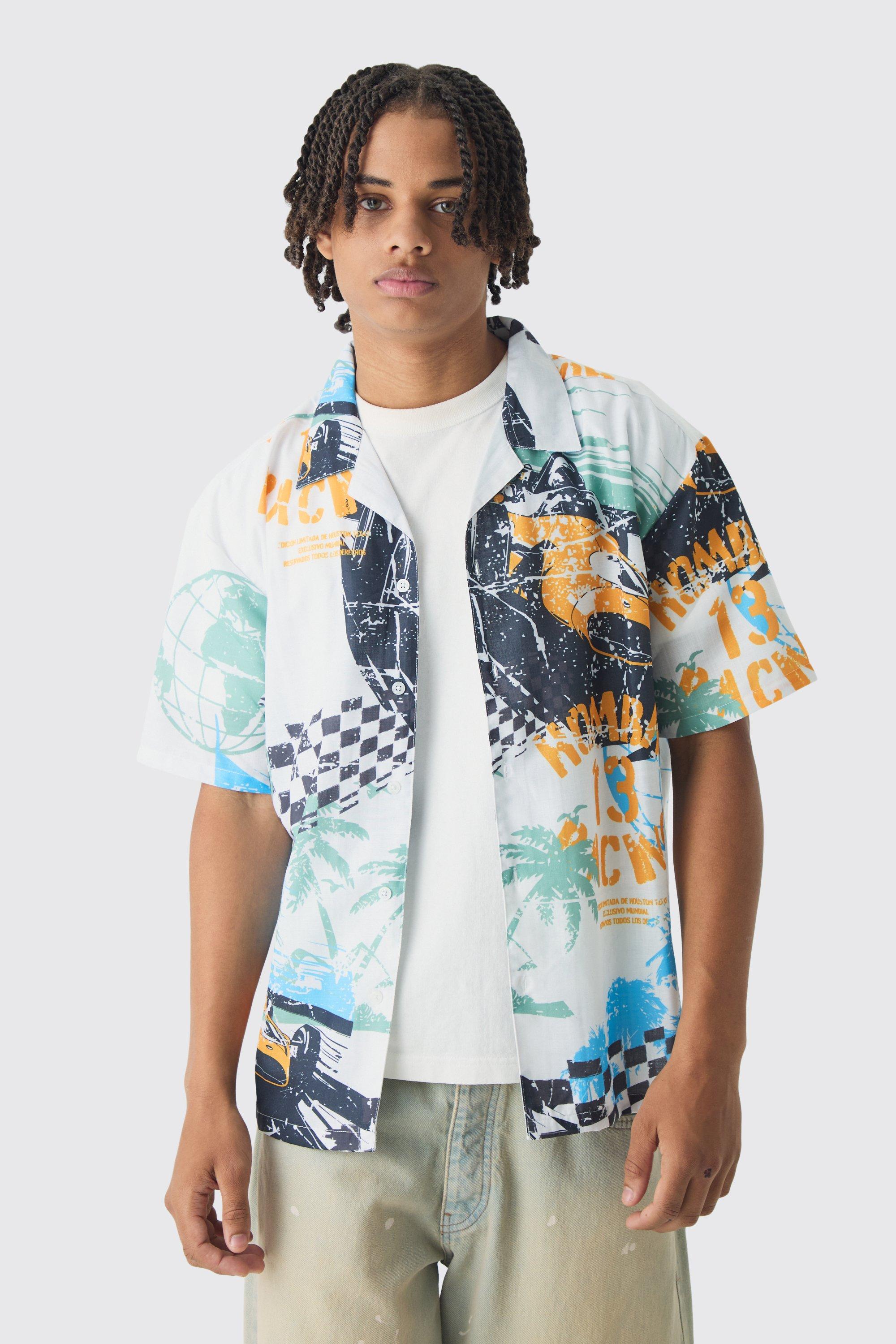 Mens White Oversized Slub Moto Shirt, White