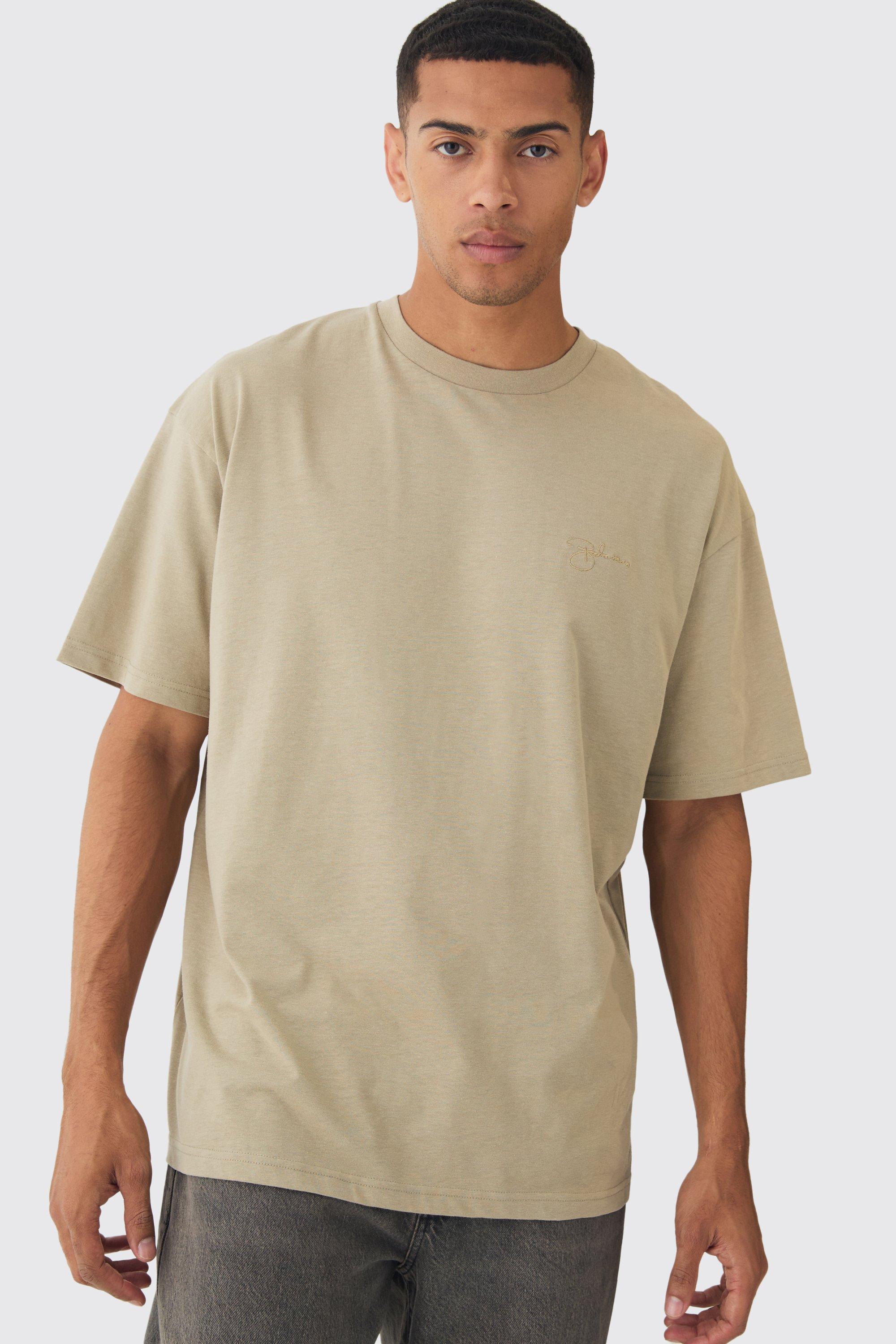 Mens Beige Oversized Embroidered Boohooman T-Shirt, Beige