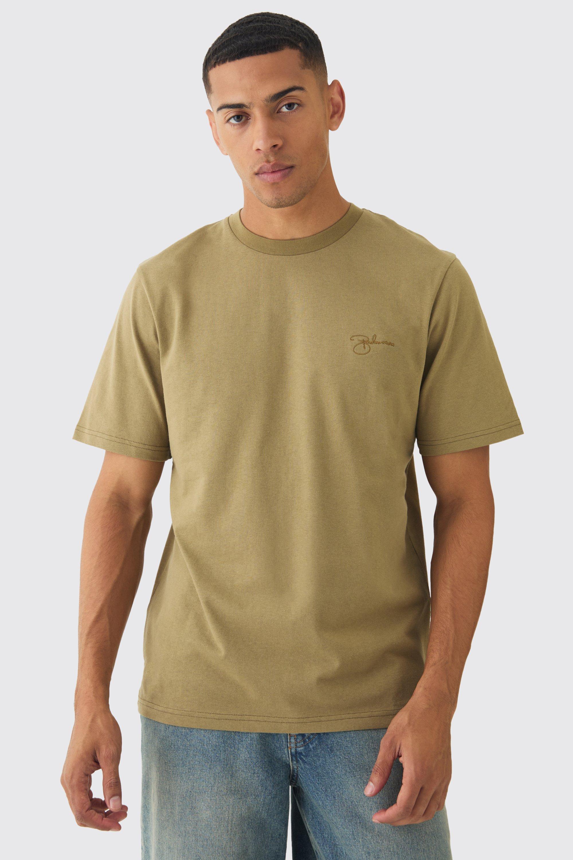 Mens Green Regular Fit Embroidered Boohooman T-Shirt, Green