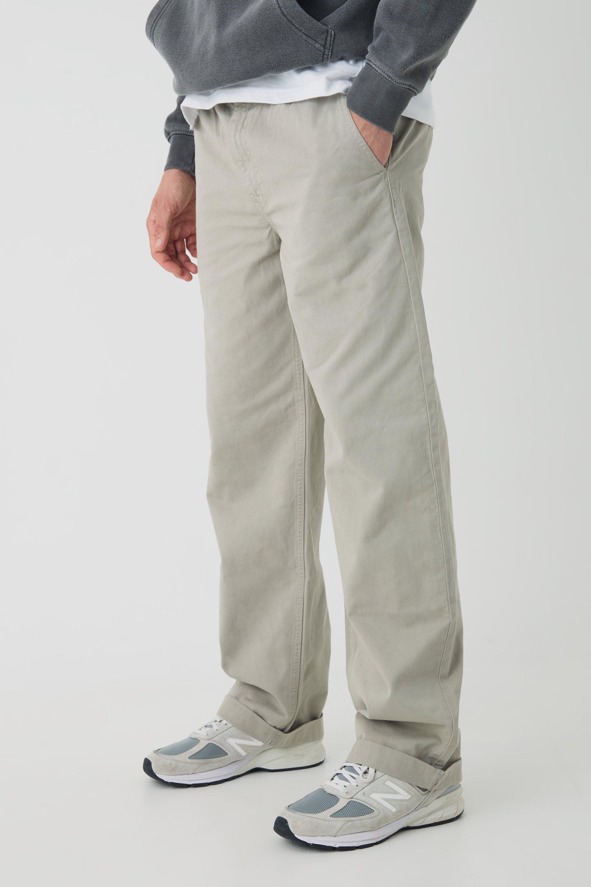 Boohoo Baggy Chino Broek Met Omgeslagen Zoom En Elastische Taille, Light Khaki