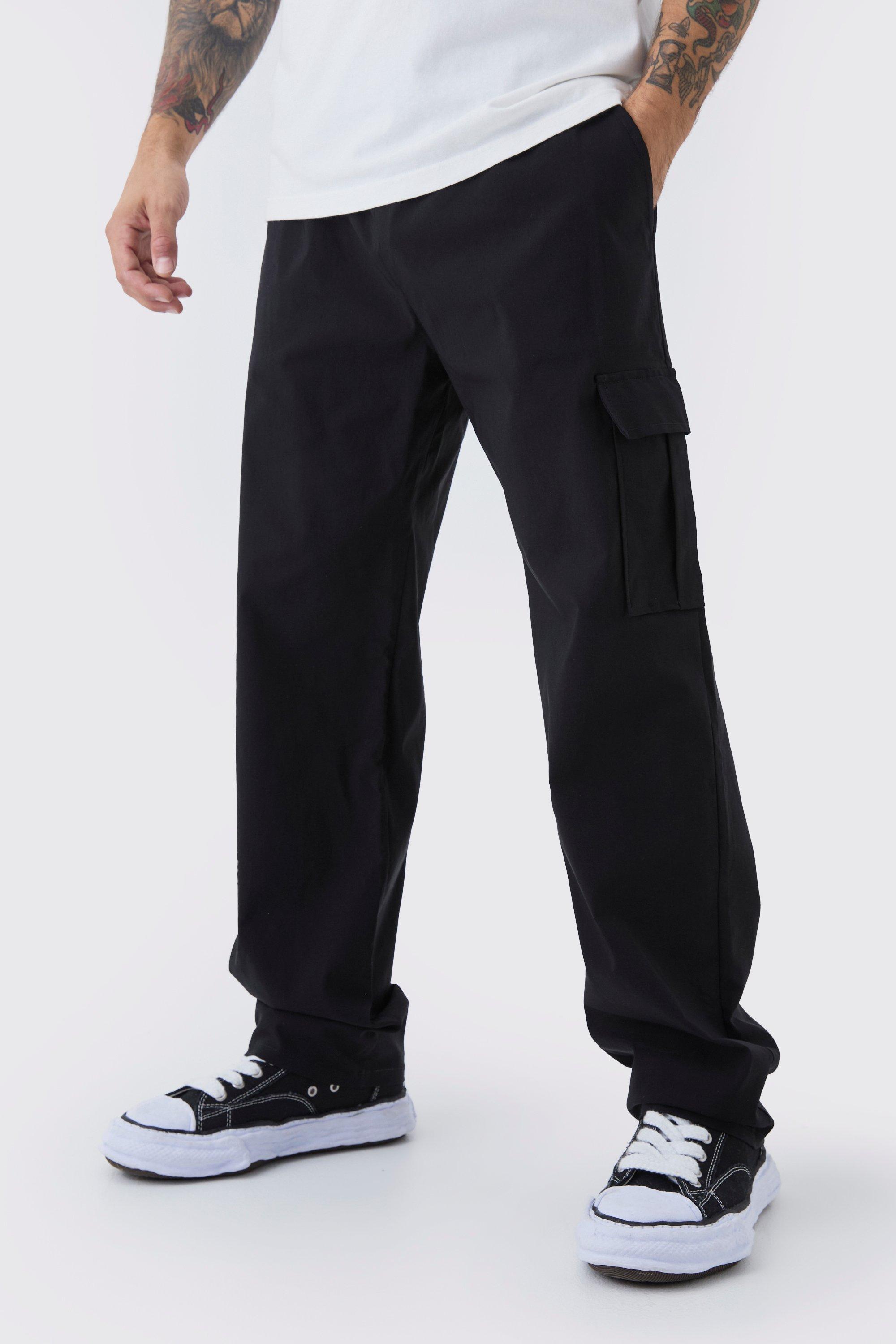 Mens Black Straight Leg Elasticated Waist Bengaline Cargo Trouser, Black