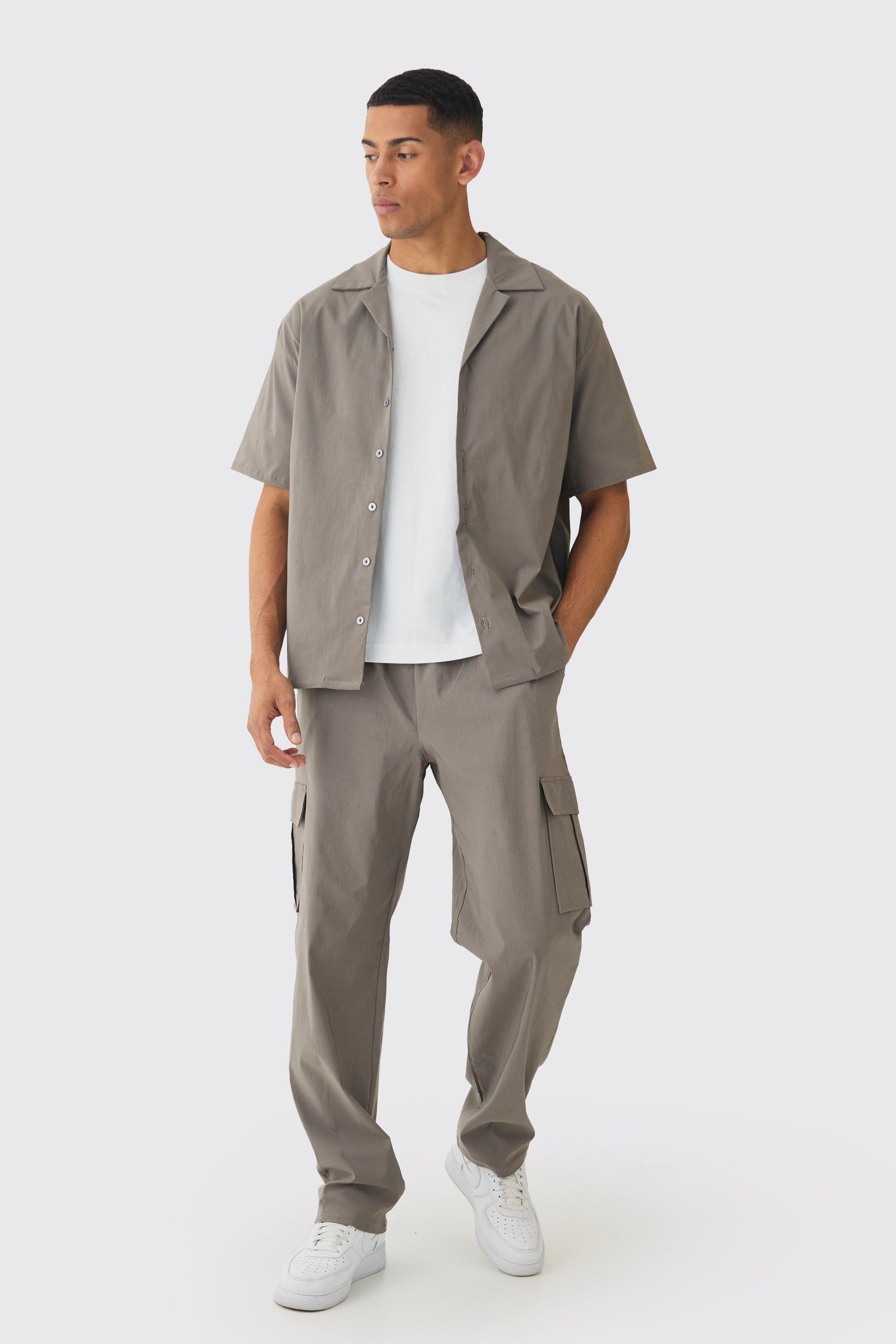 Set camicia oversize in bengalina con rever & pantaloni Cargo, Beige