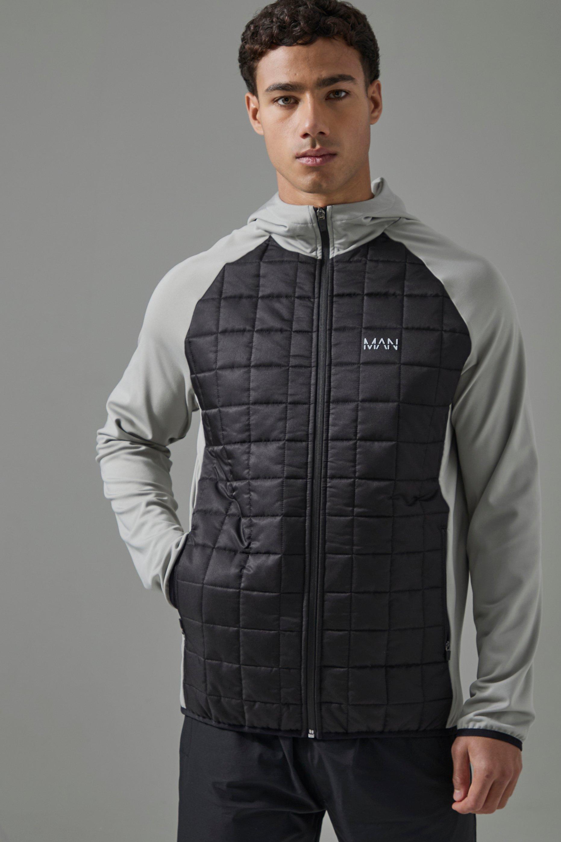 Felpa Man Active a quadri trapuntata con zip e cappuccio, Grigio