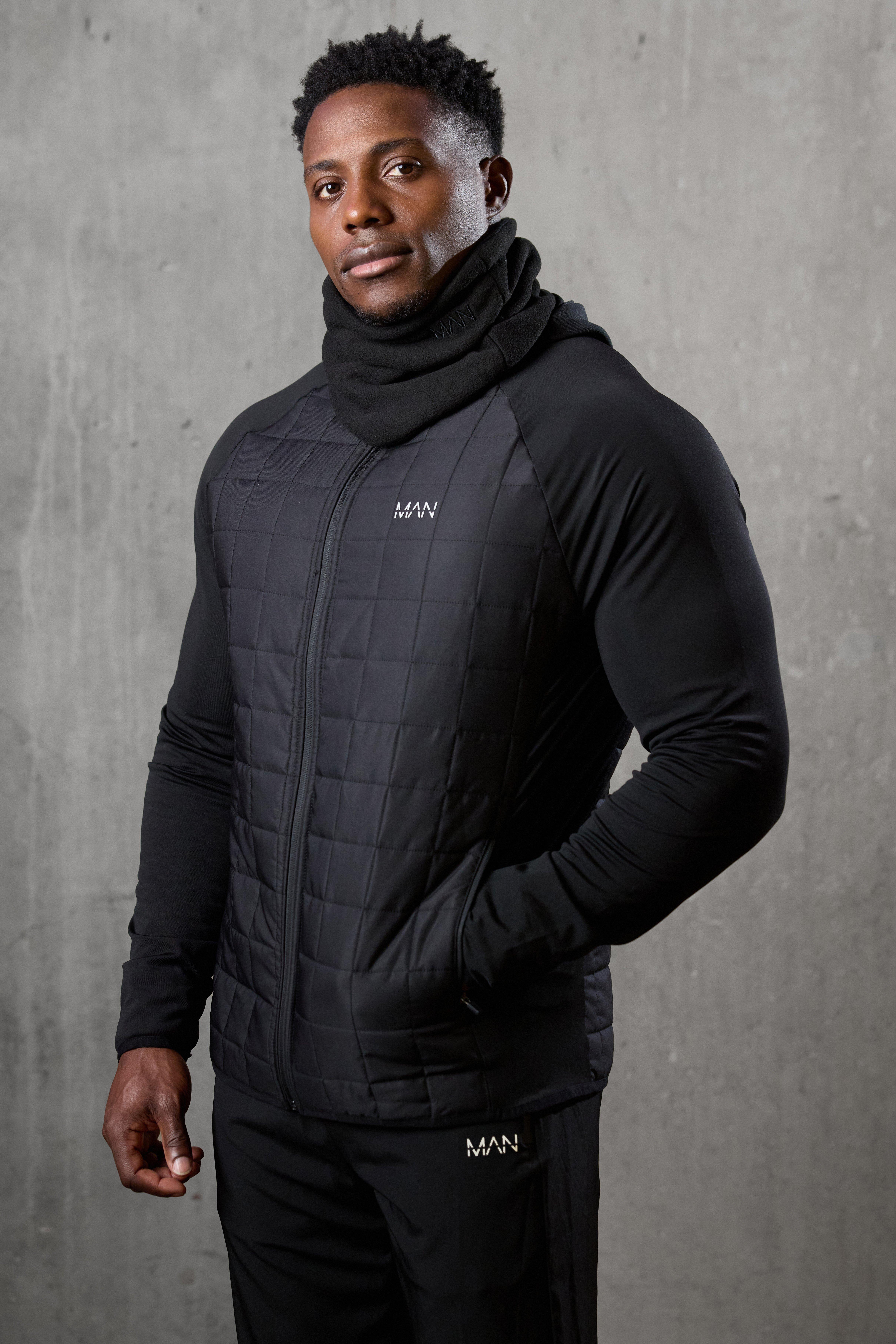 Mens Black Man Active Check Quilted Zip Through Hoodie, Black