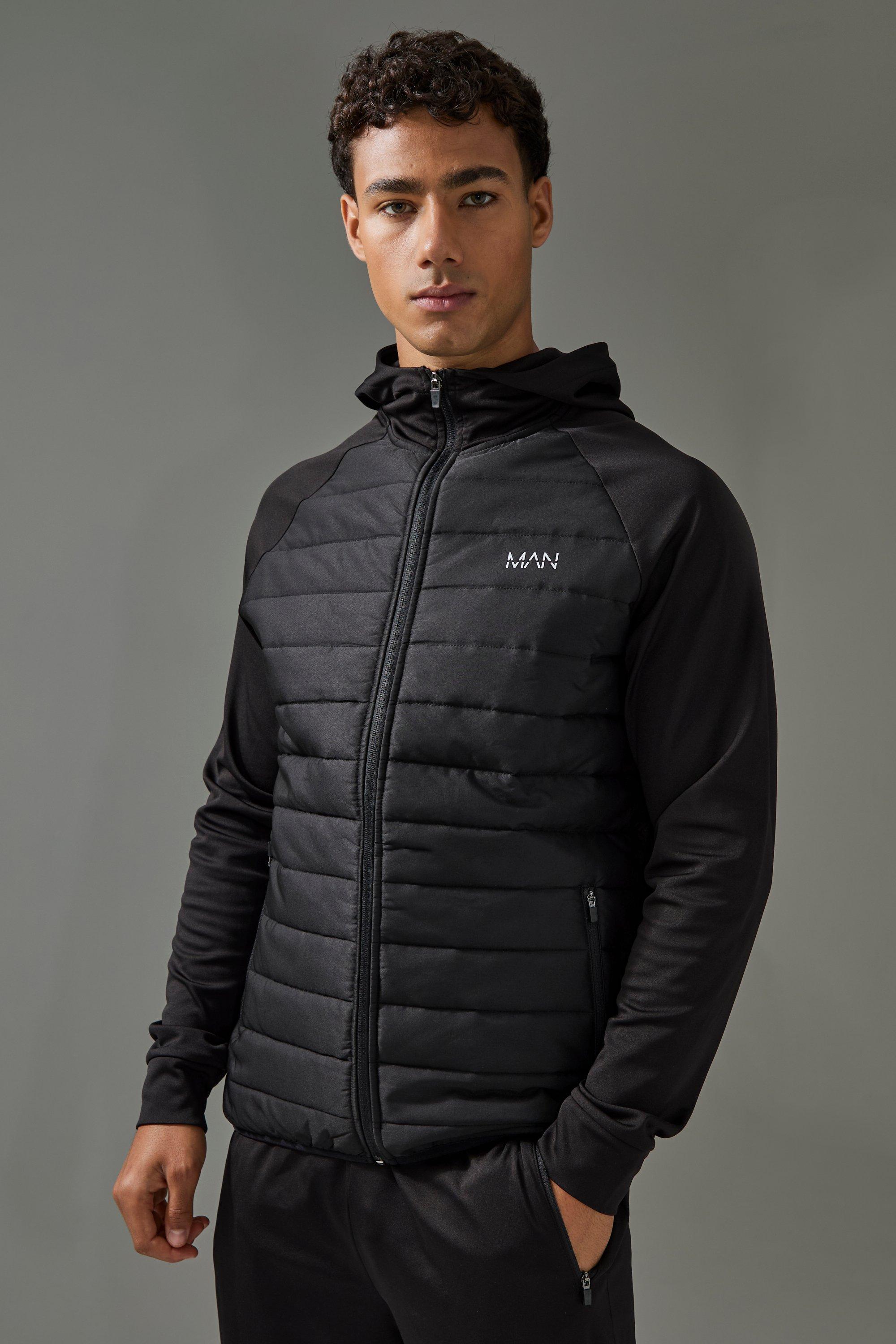 Mens Black Man Active Quilted Zip Through Hoodie, Black