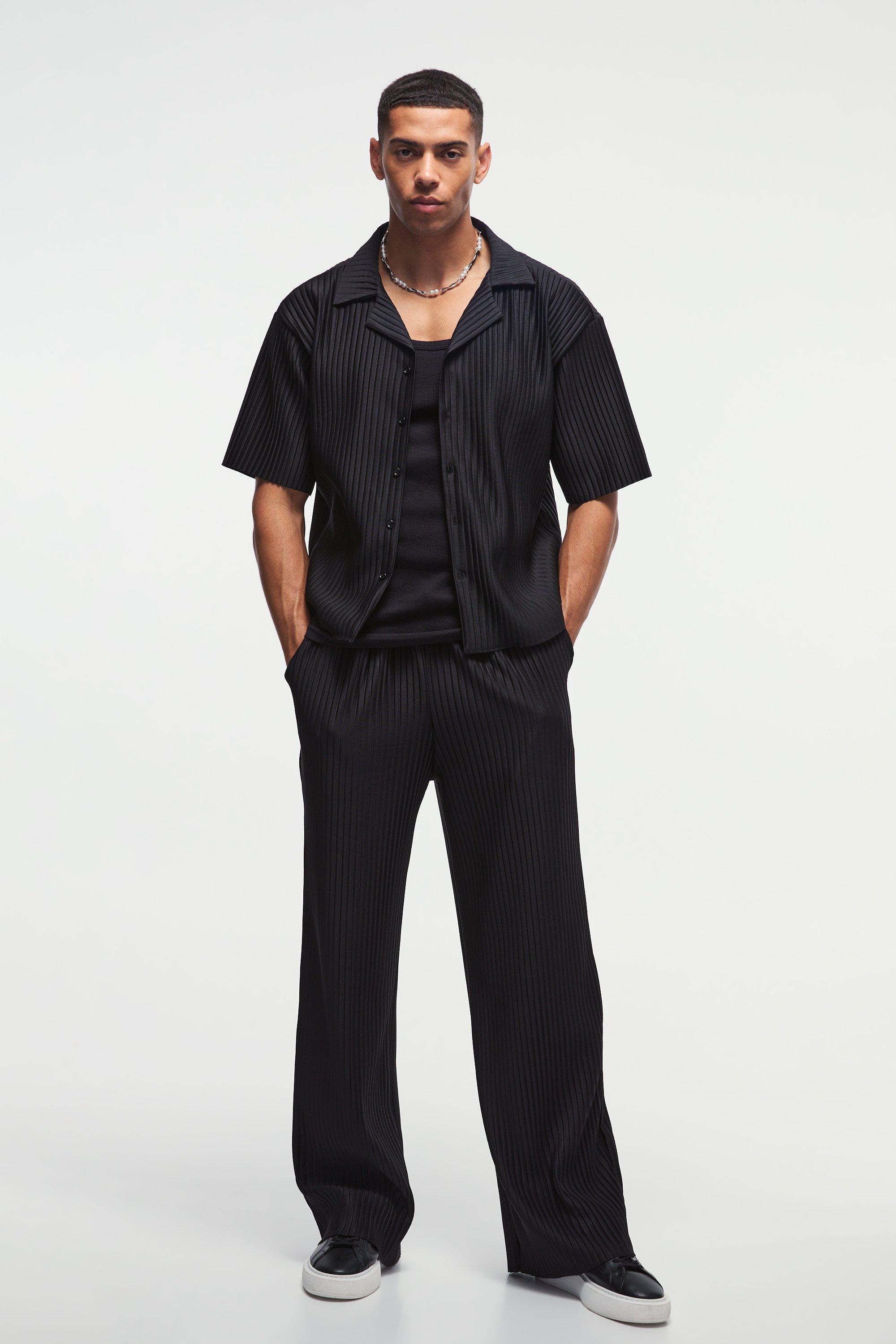 Mens Black Oversized Boxy Shirt & Straight Pleated Trouser Set, Black