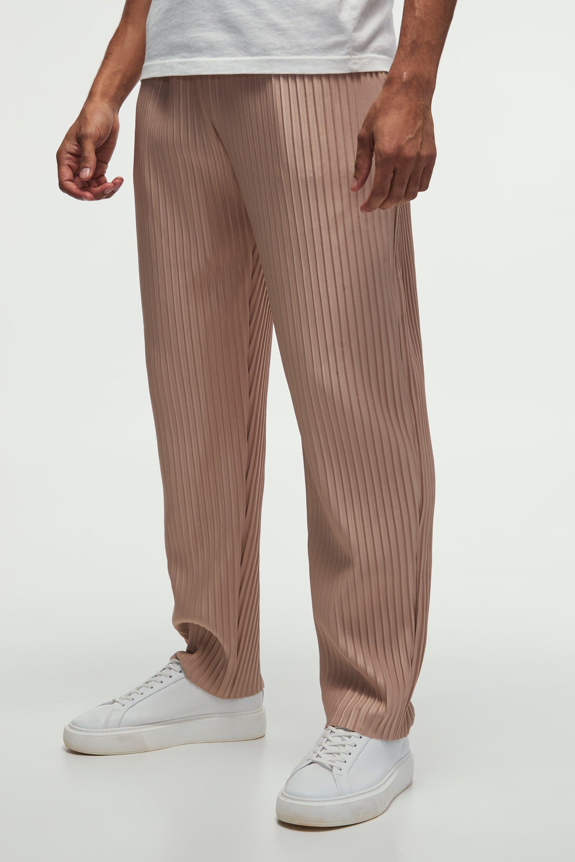 Mens Beige Tapered Fit Elasticated Waist Pleated Trouser, Beige