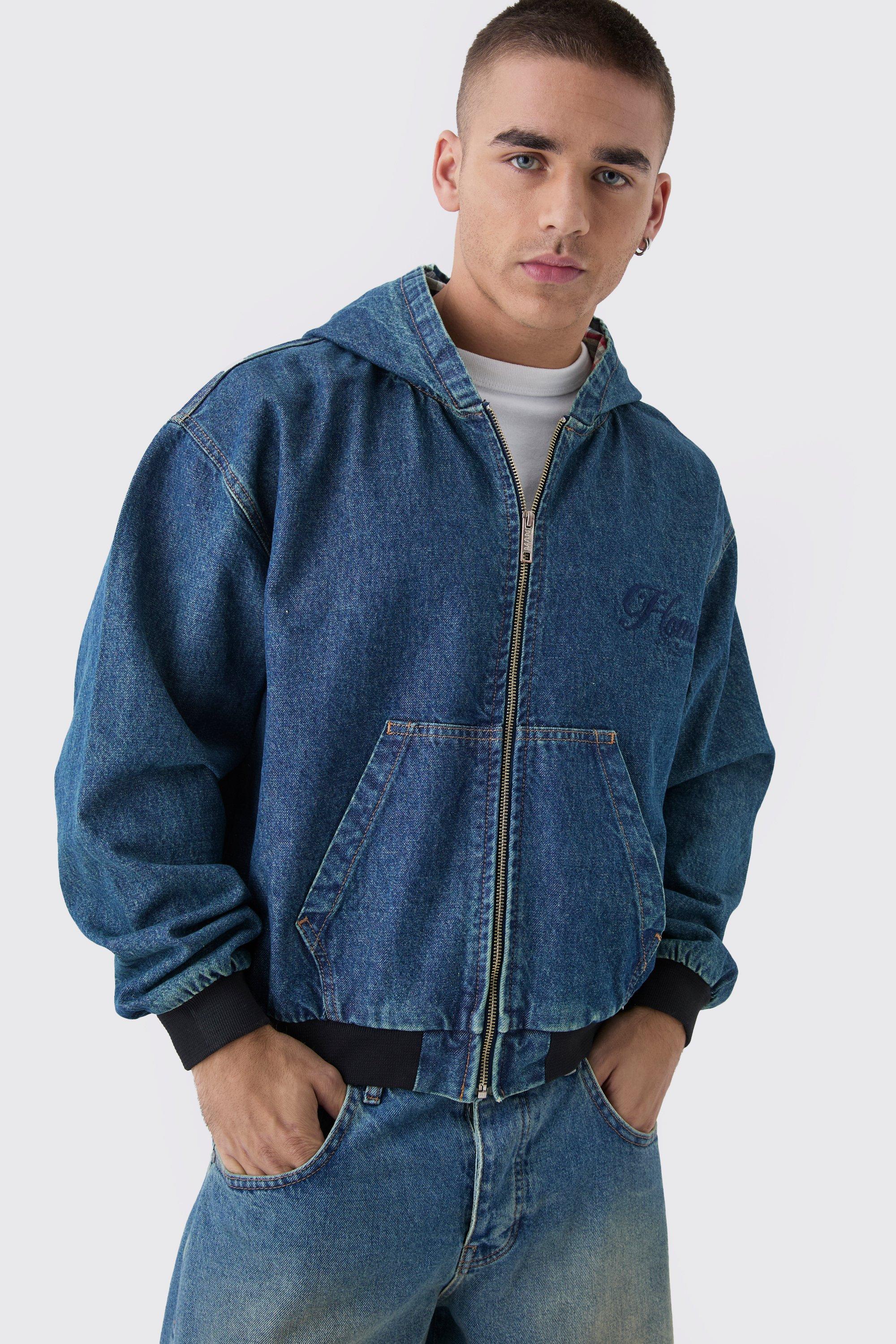 Felpa squadrata oversize in denim con ricami e cappuccio, Azzurro