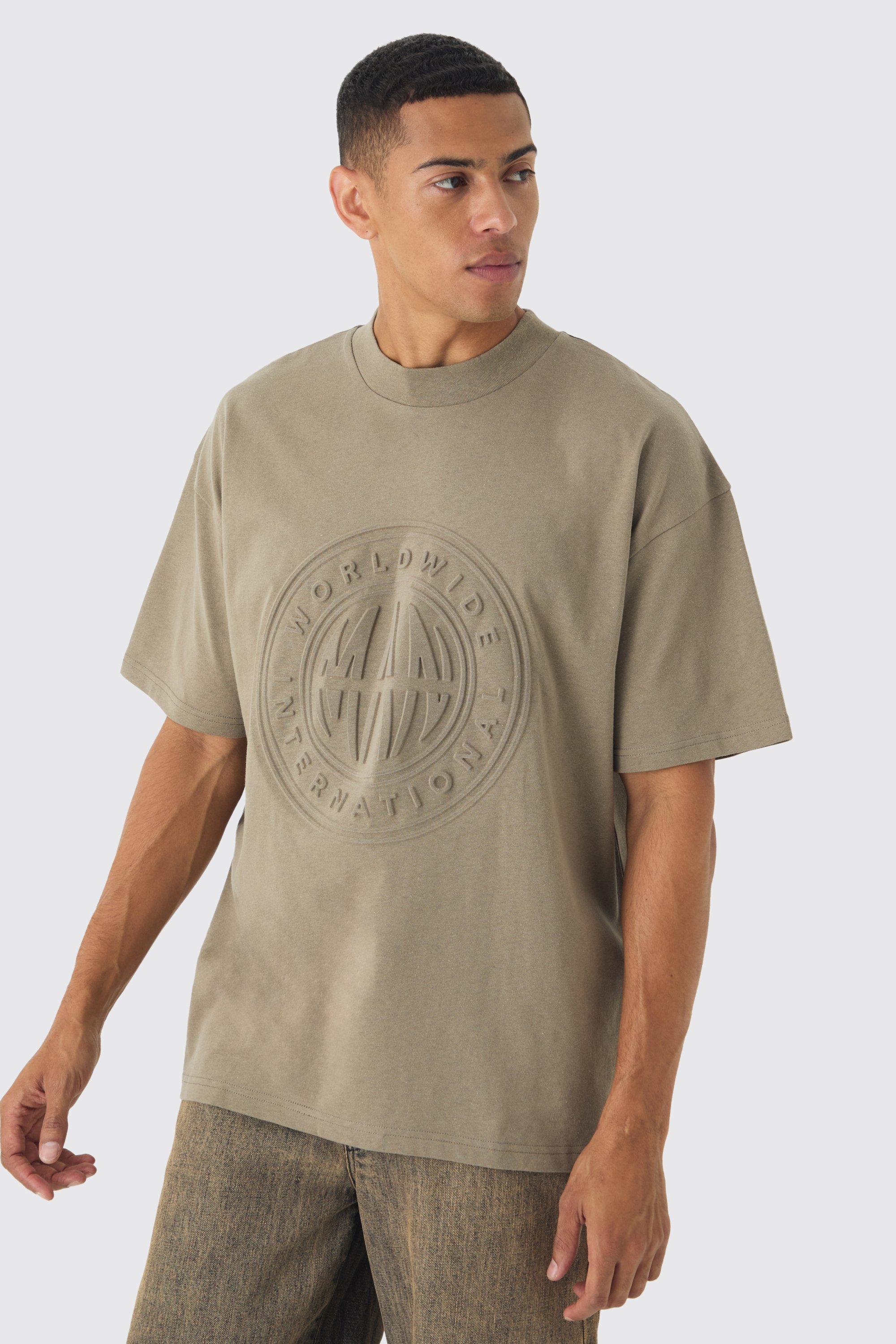 Mens Green Oversized Extended Neck Worldwide Embossed T-Shirt, Green