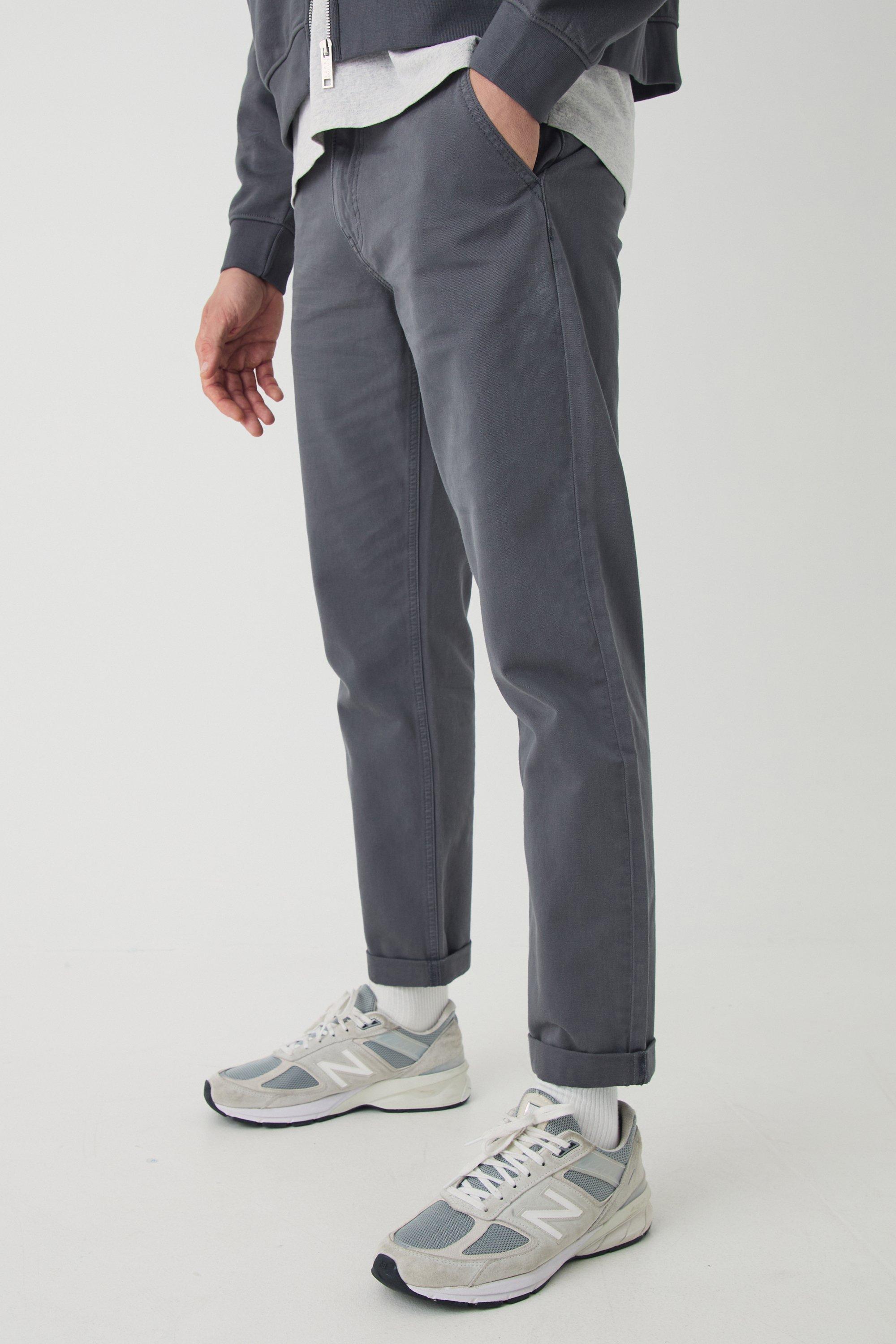 Mens Grey Fixed Waist Tapered Turn Up Hem Chino Trousers, Grey