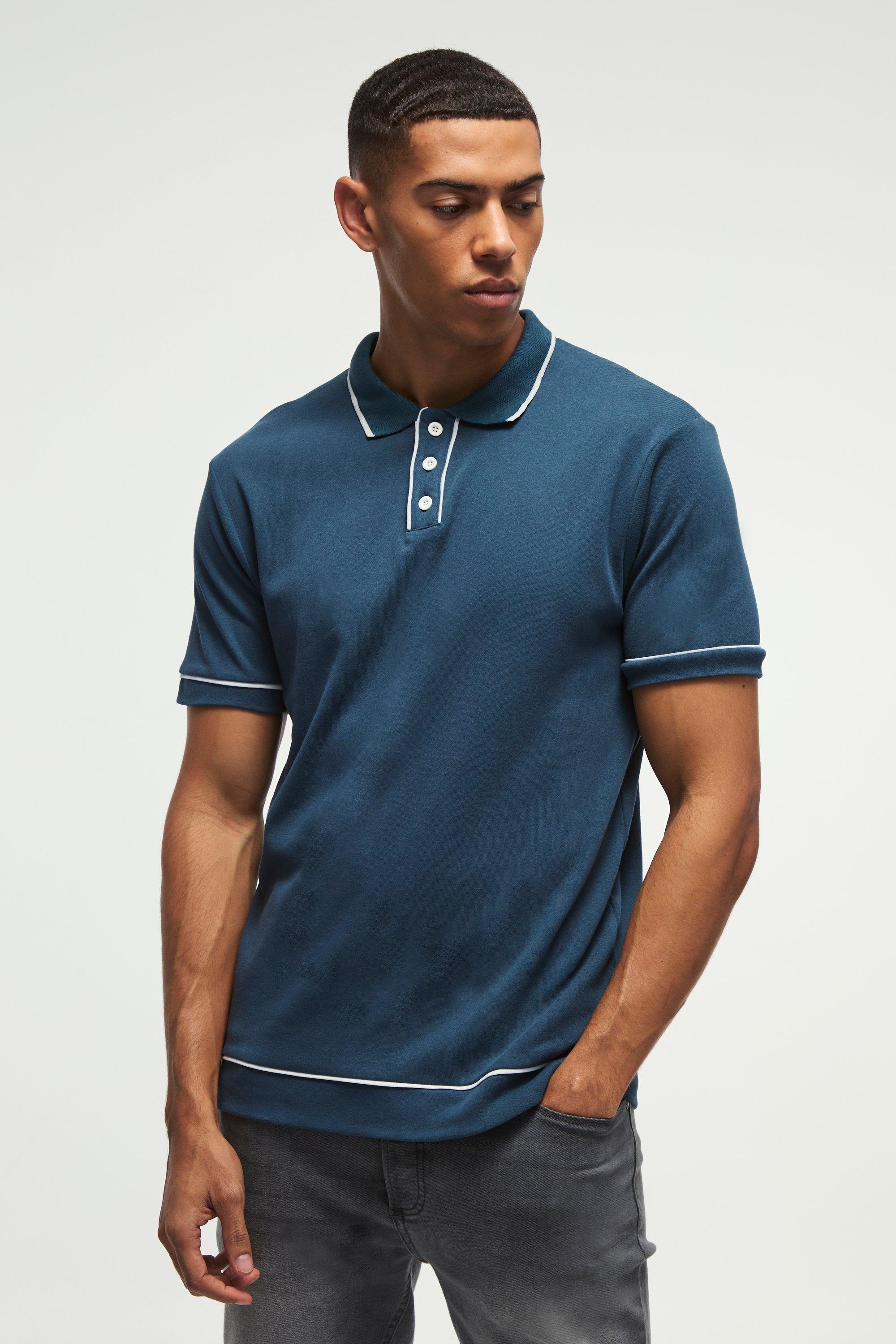Mens Navy Regular Fit Contrast Tipped Interlock Polo, Navy