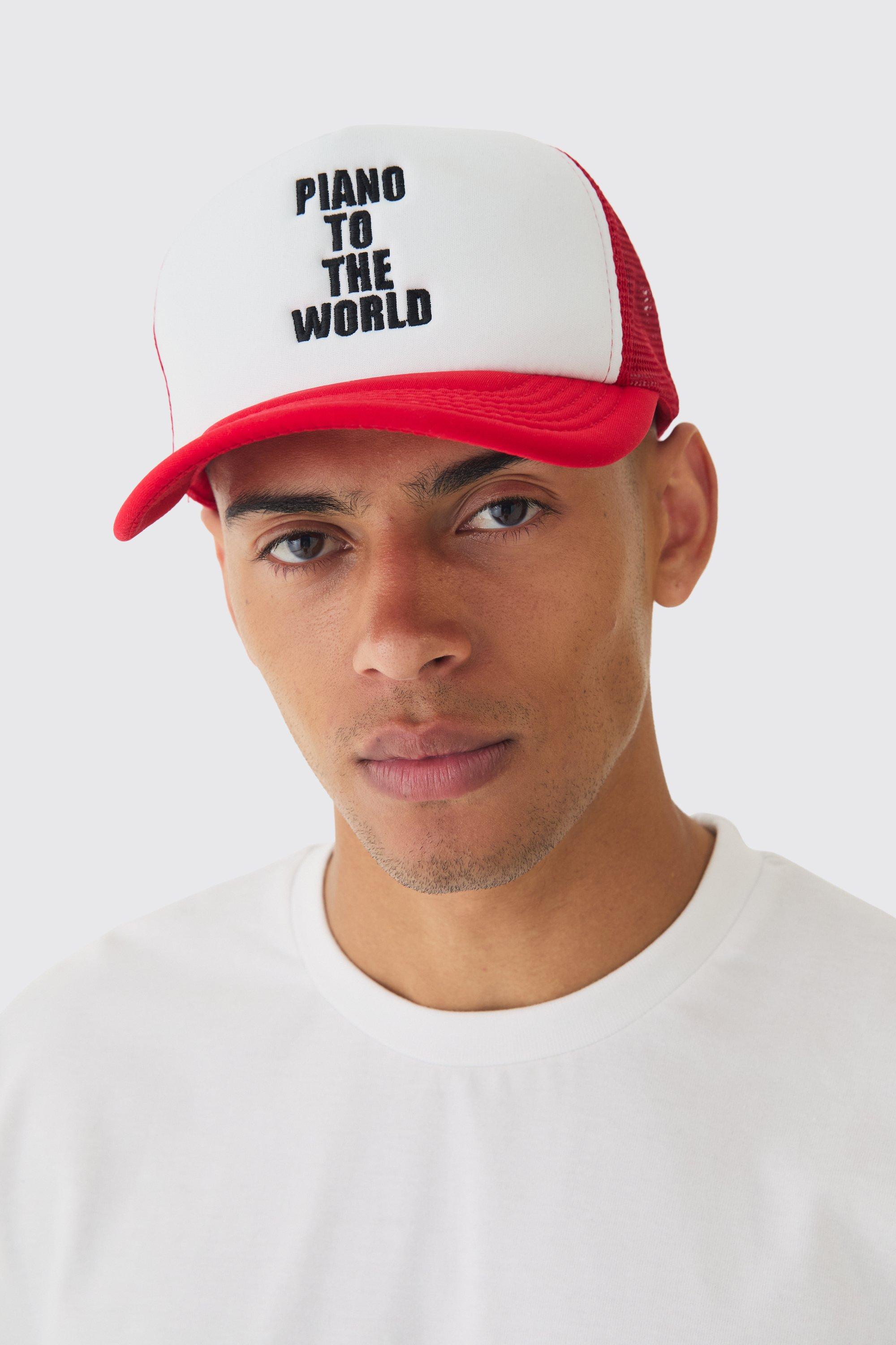 Mens White Piano To The World Embroidered Trucker Cap, White