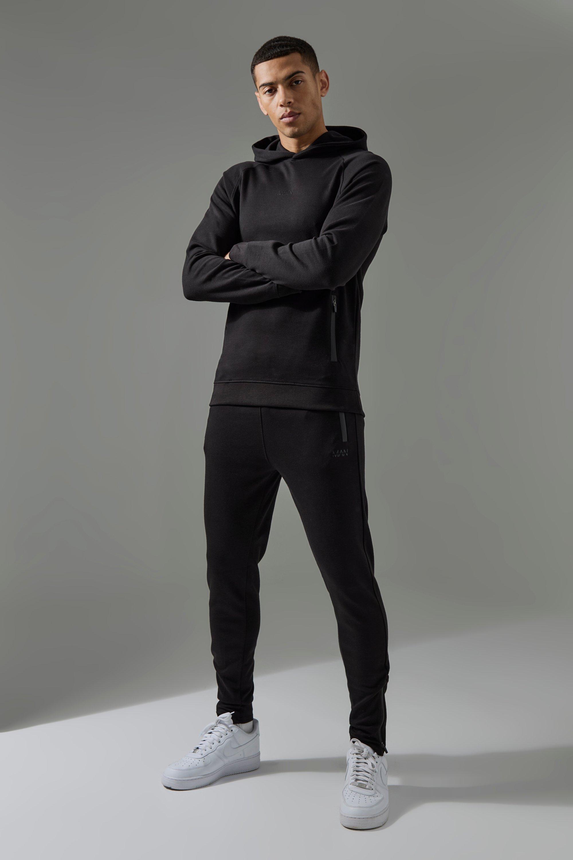 Tuta sportiva Man Active Pro in fleece con cappuccio & pantaloni tuta Skinny Fit, Nero