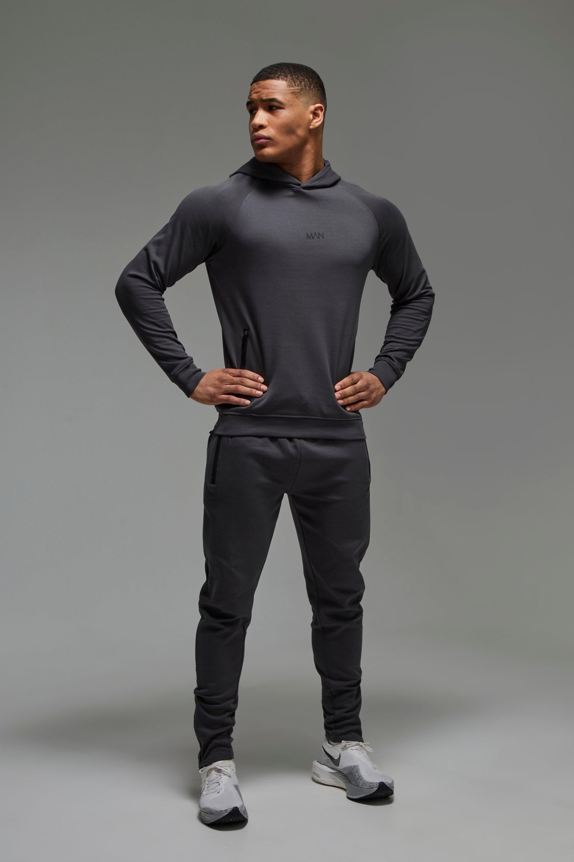 Tuta sportiva Man Active Pro in fleece con cappuccio & pantaloni tuta Skinny Fit, Grigio