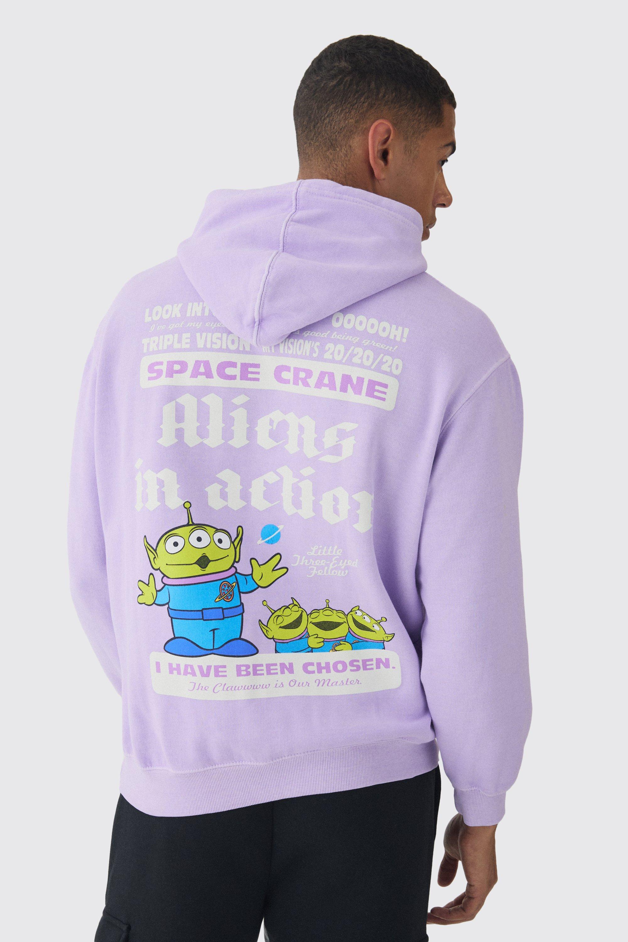 Mens Purple Oversized Pixar Toy Story Aliens Wash License Hoodie, Purple