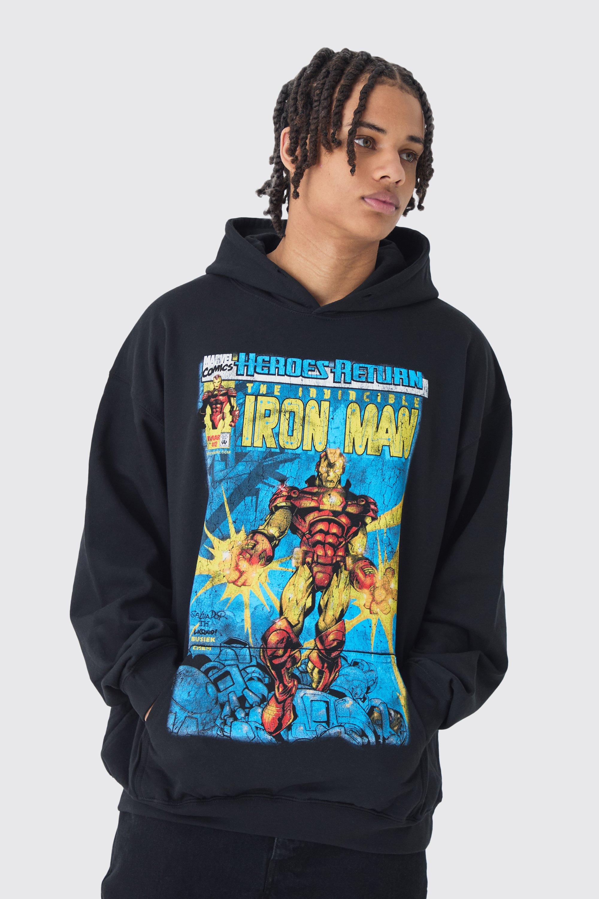 Mens Black Oversized Iron Man Marvel License Print Hoodie, Black