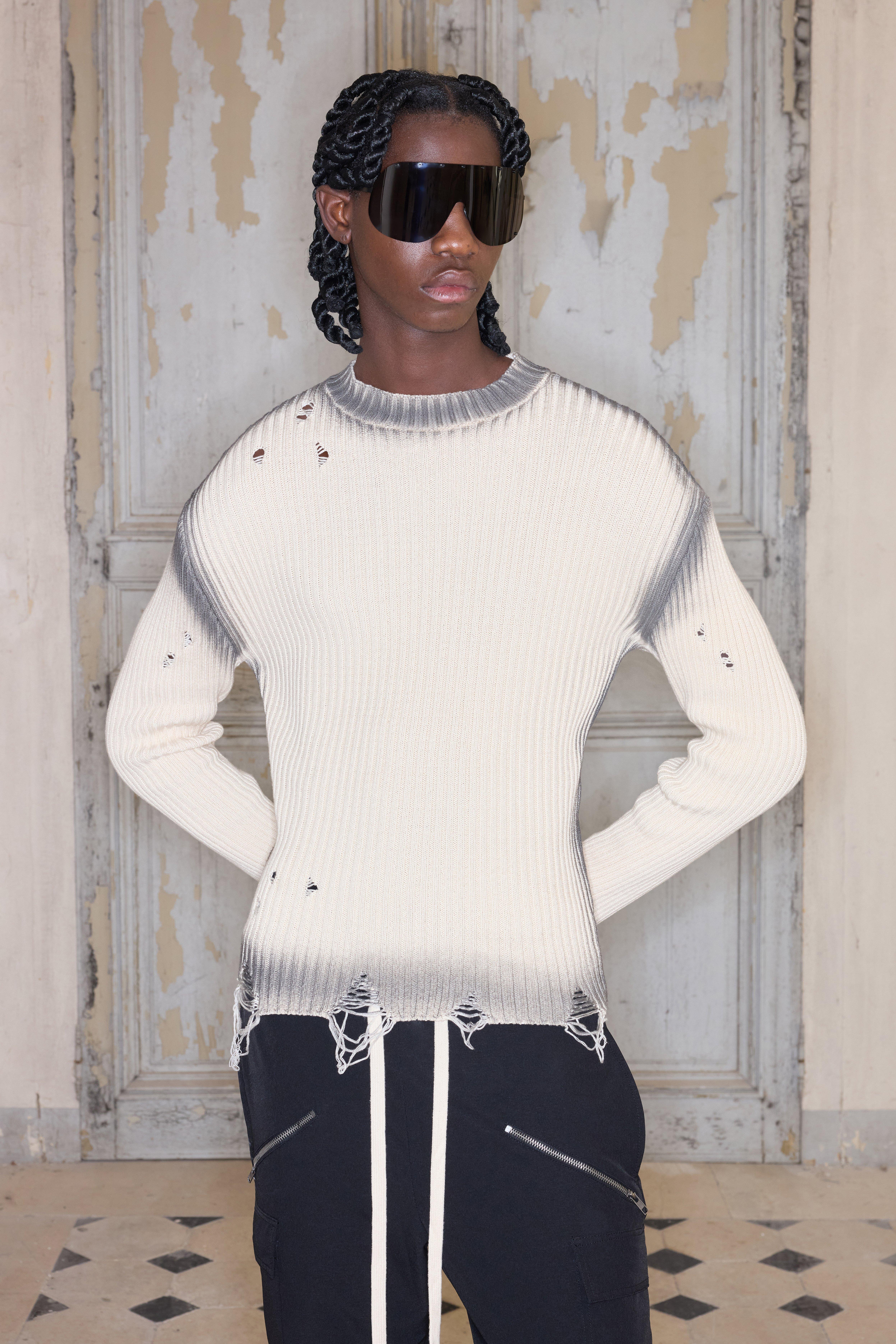 Mens Beige Premium Muscle Fit Distressed Knitted Jumper, Beige