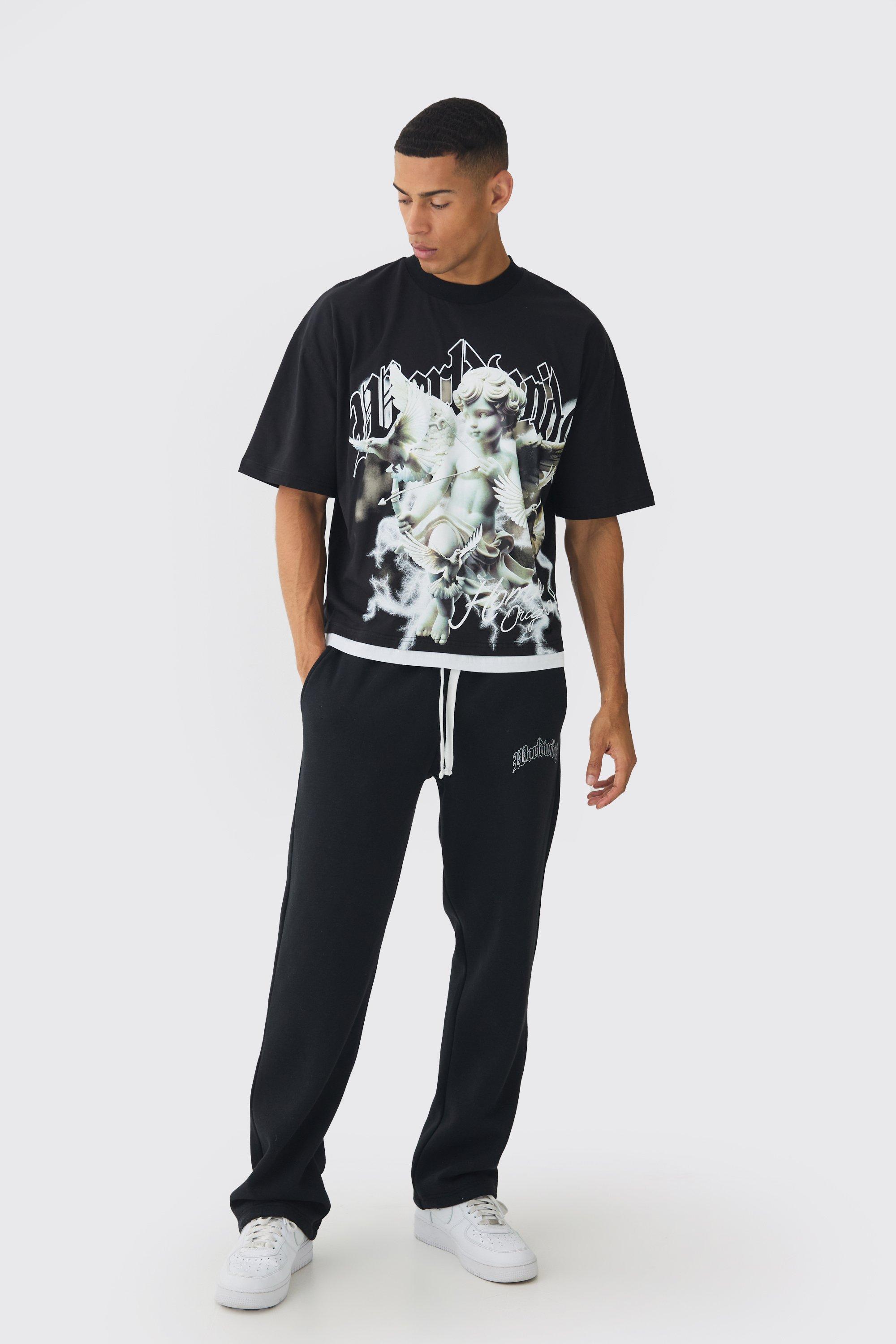 Mens Black Oversized Graphic Faux Layer T-Shirt And Jogger Set, Black