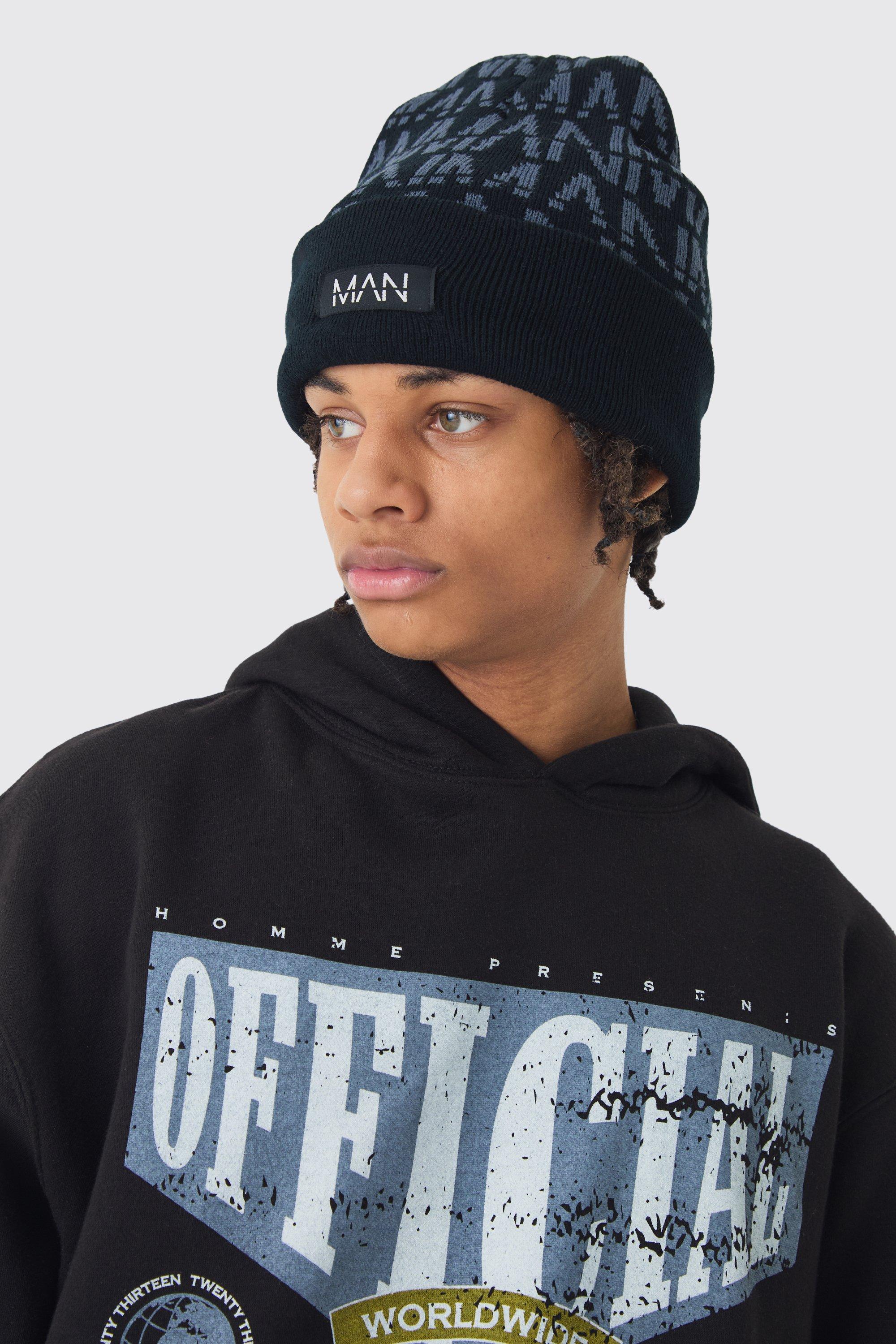 Mens Black All Over Man Dash Tonal Beanie, Black