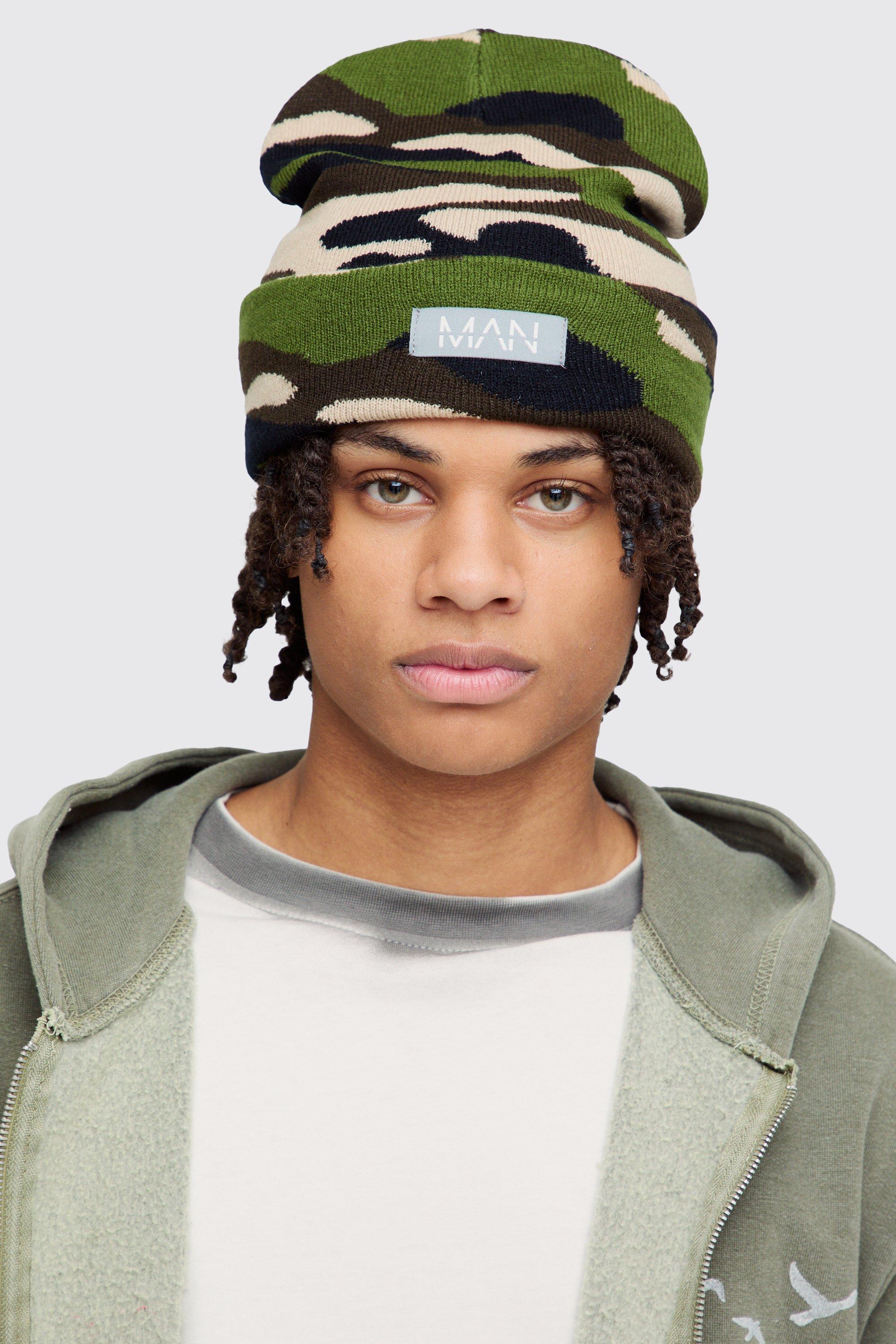 Mens Camo Print Man Woven Tab Beanie In Green, Green