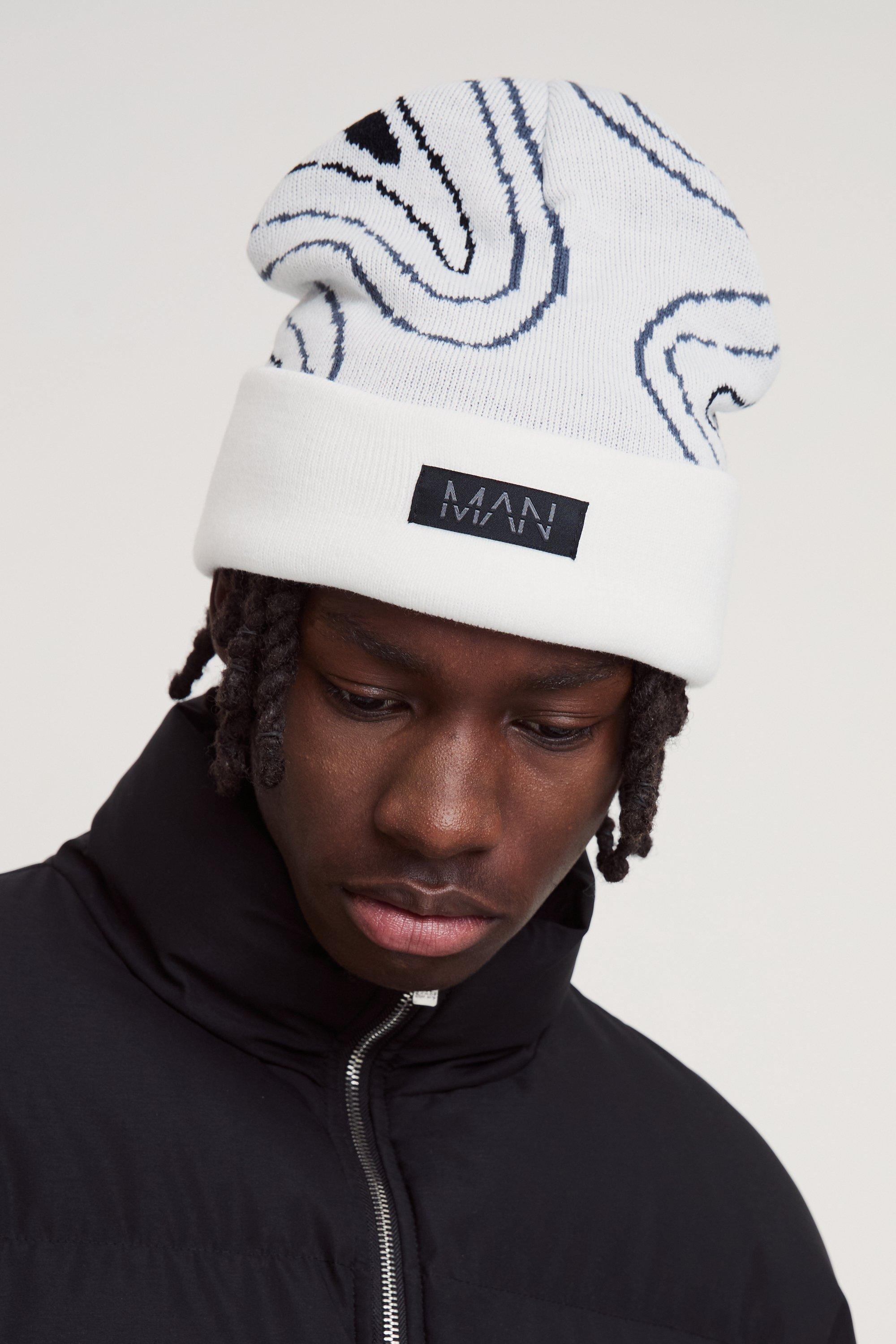 Berretto Beanie con stampa di motivi a vortice e etichetta Man, Bianco