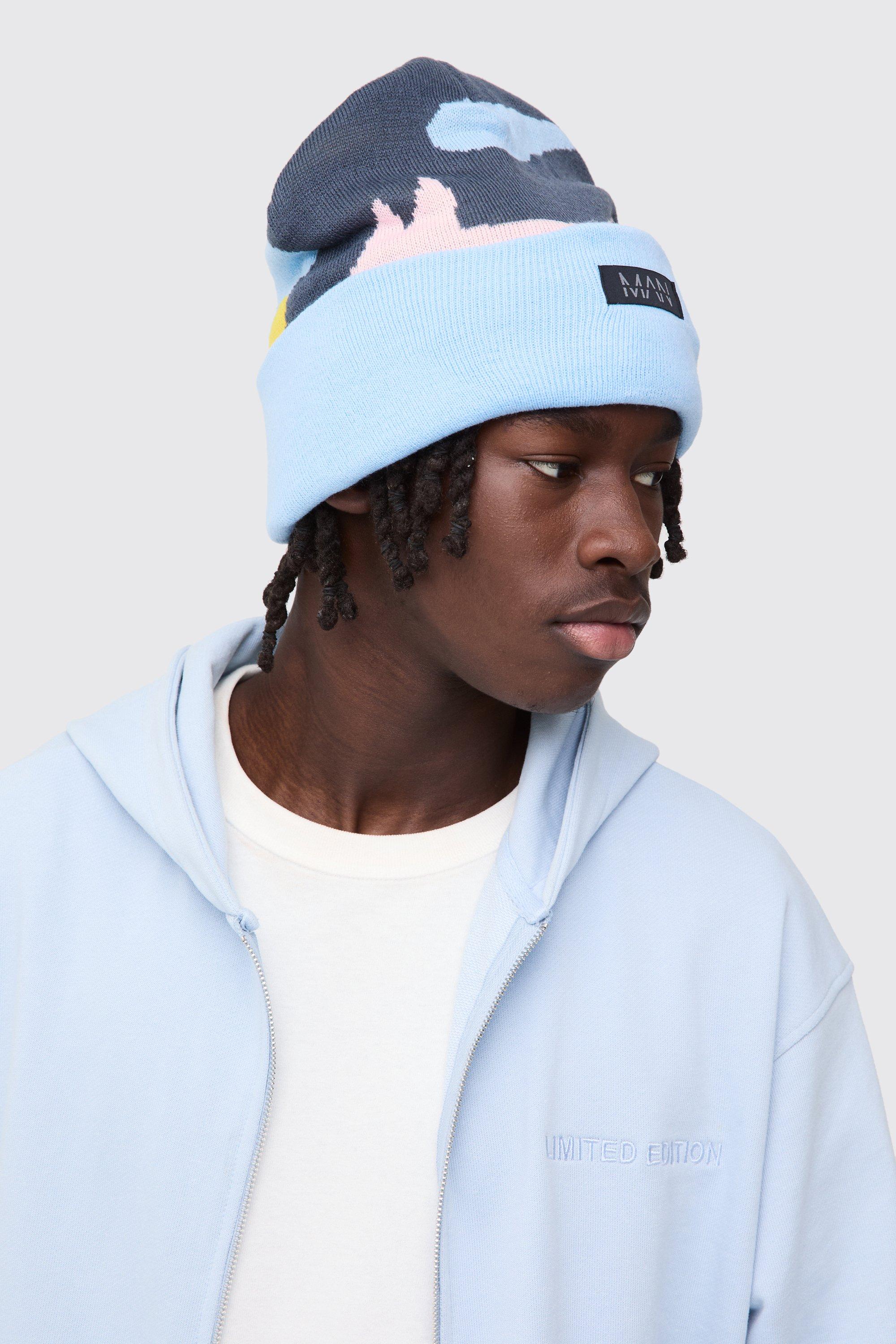 Mens Graphic Print Beanie In Blue, Blue