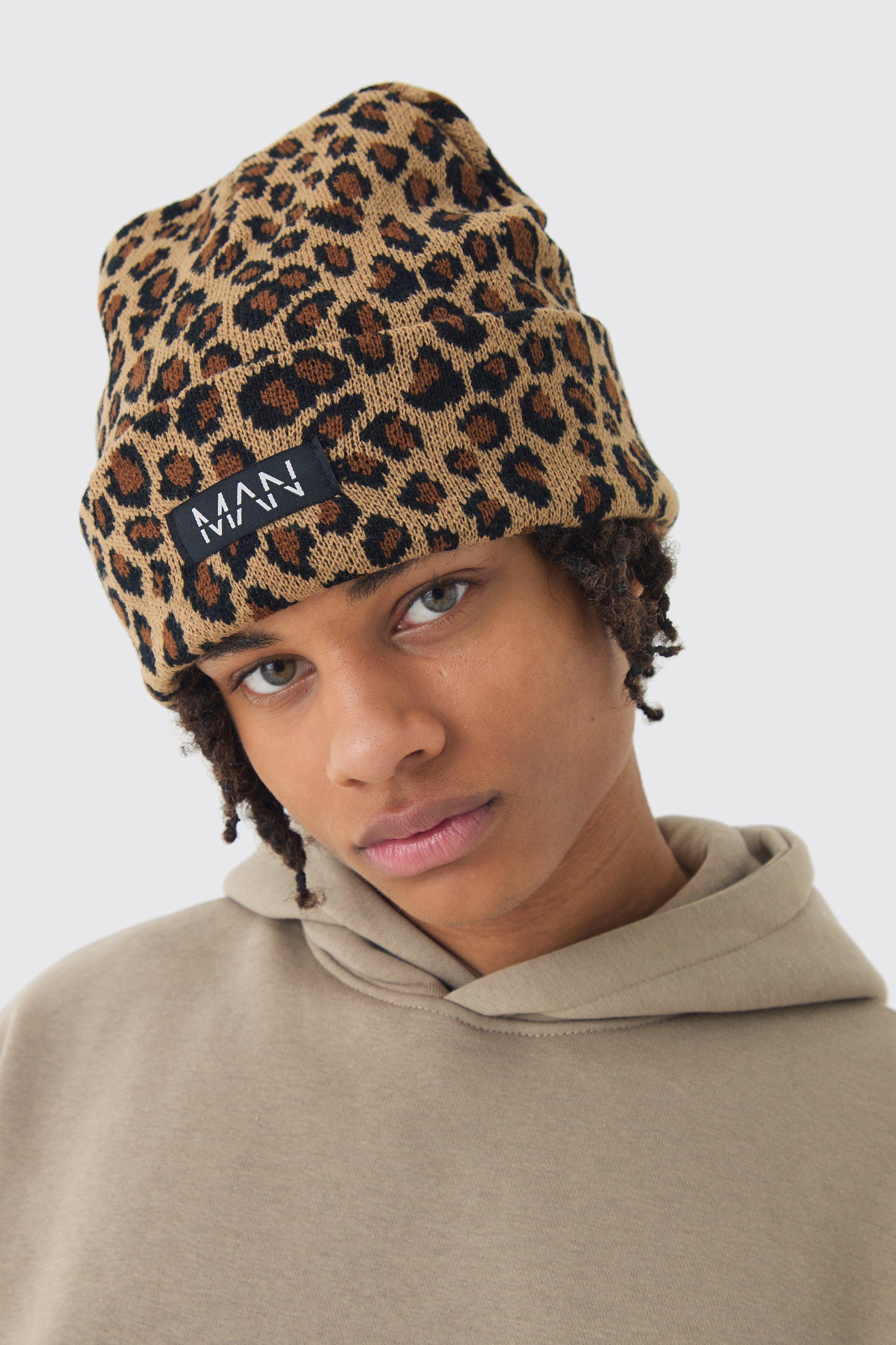 Mens Grey Leopard Print Beanie, Grey