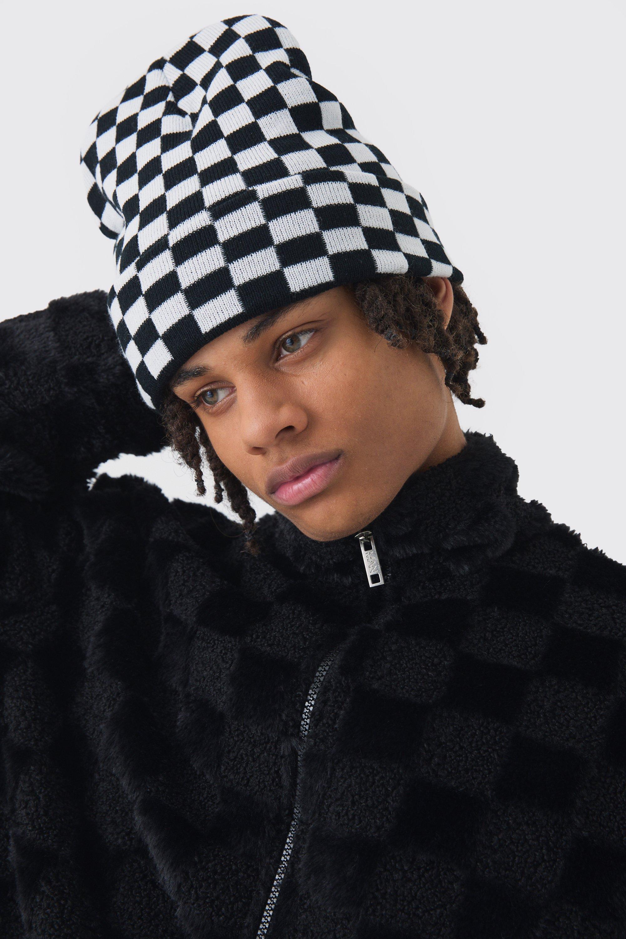 Mens Black Checkered Beanie, Black