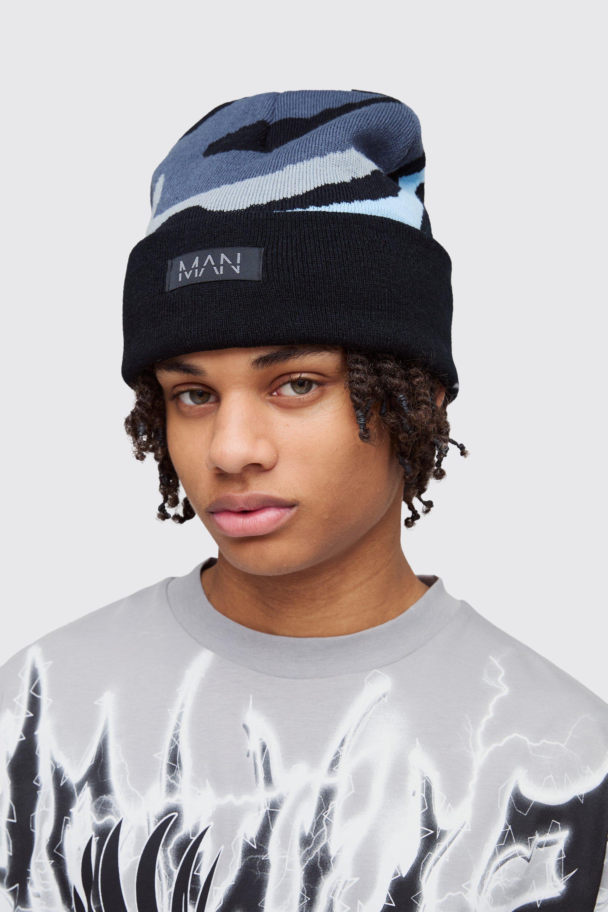 Mens Black Spray Paint Effect Graphic Beanie, Black