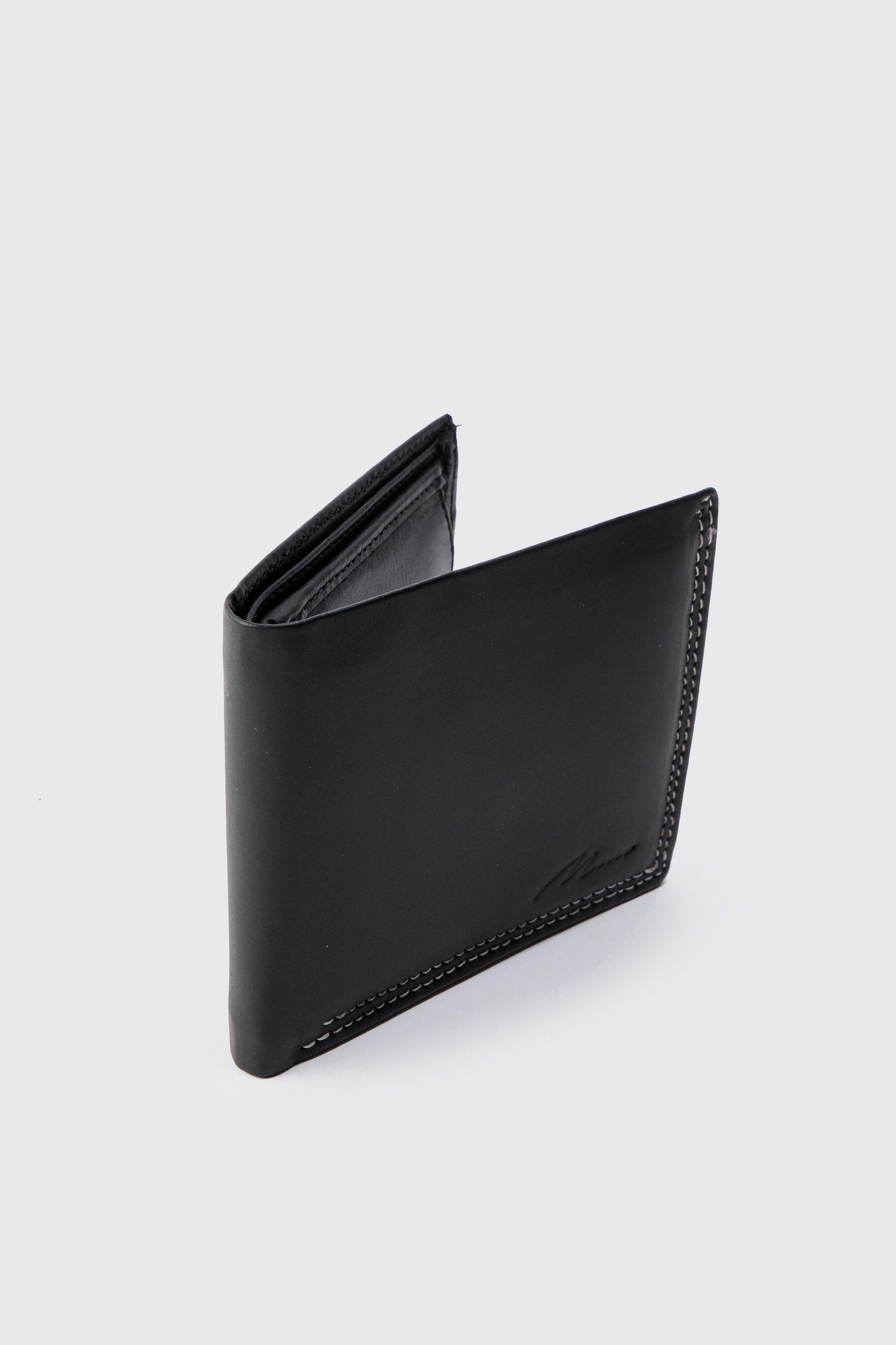 Mens Real Leather Man Signature Embossed Wallet In Black, Black