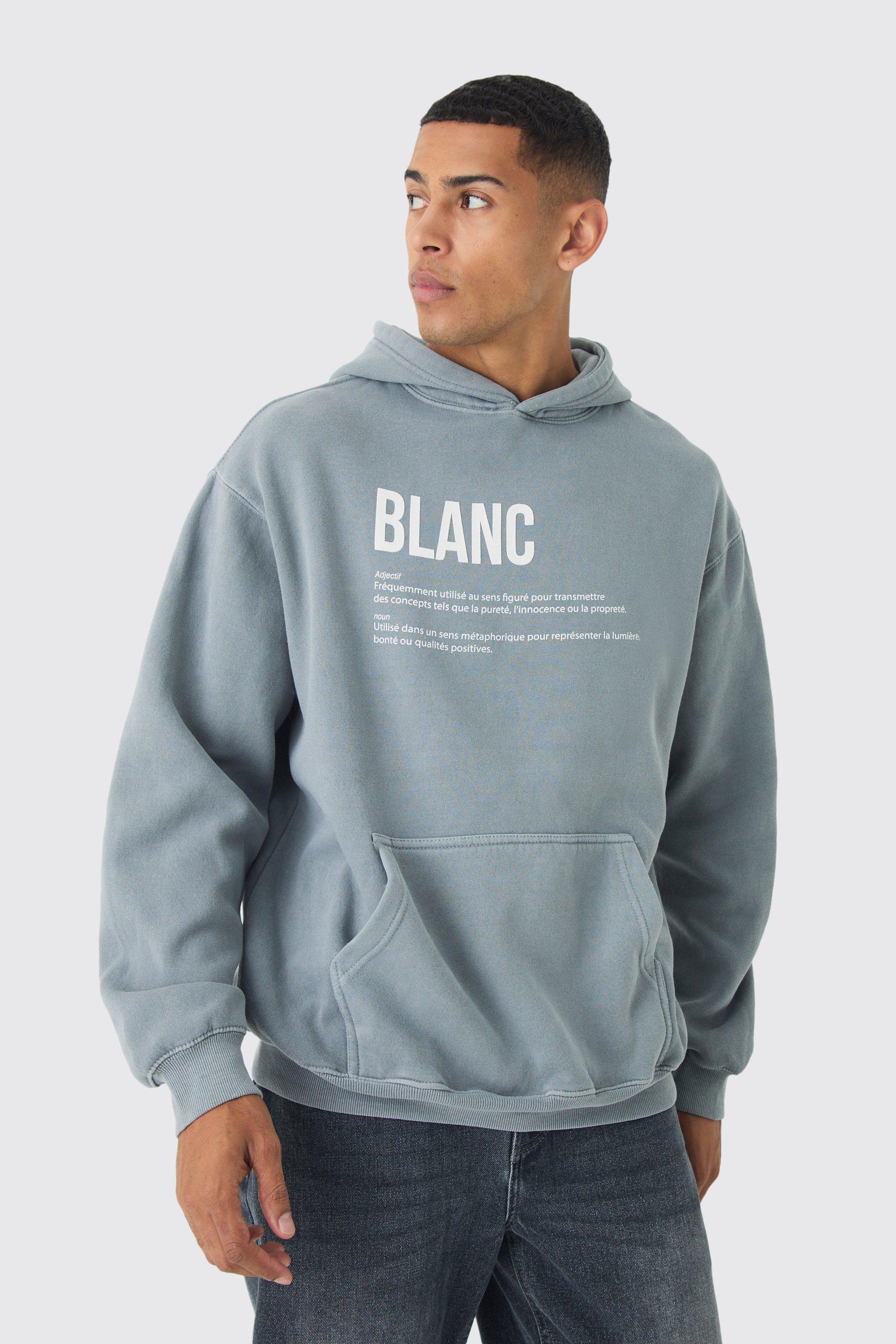 Felpa oversize slavata con stampa Blanc e cappuccio, Grigio