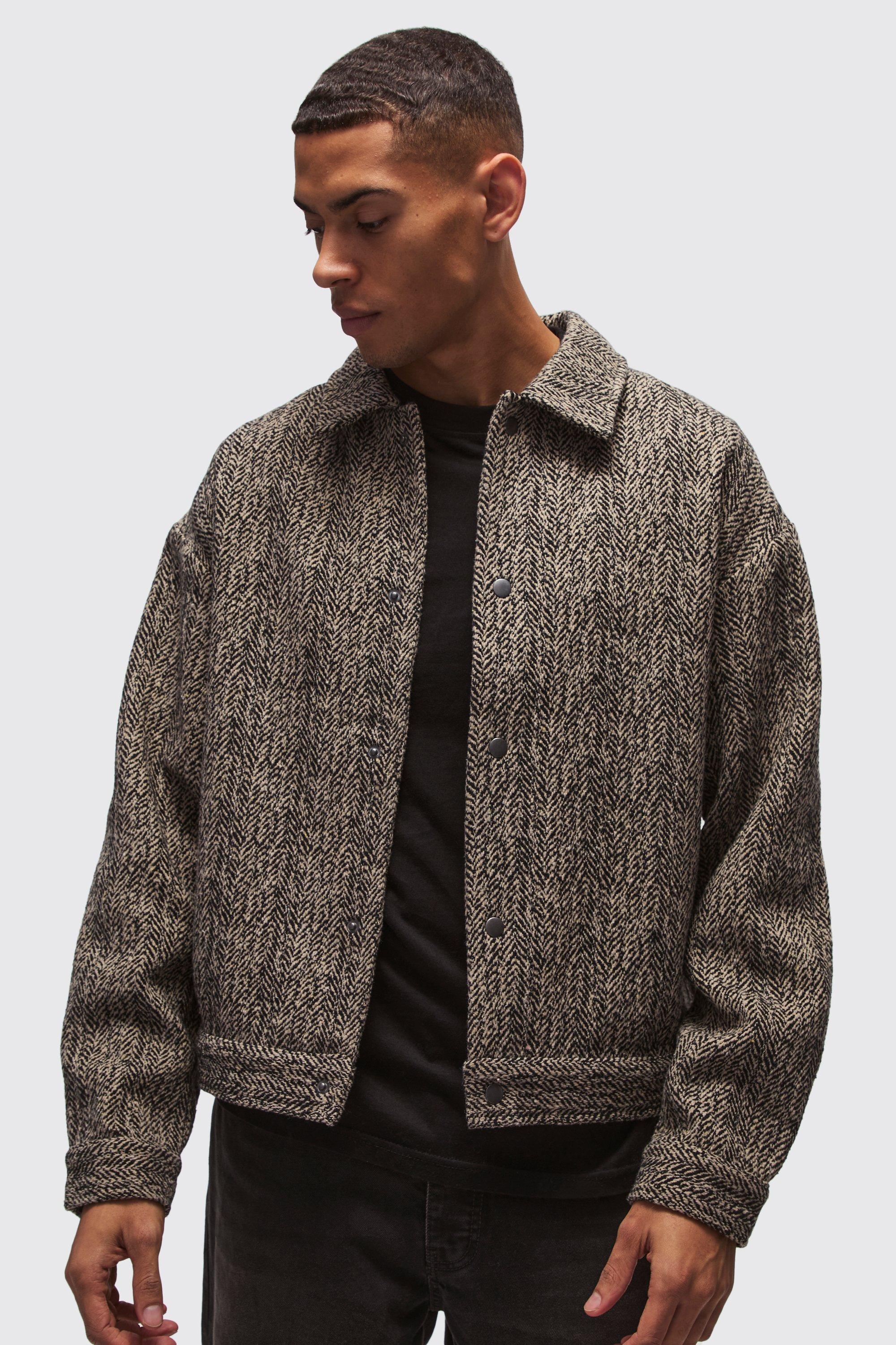 Mens Beige Heavyweight Boucle Herringbone Overshirt, Beige