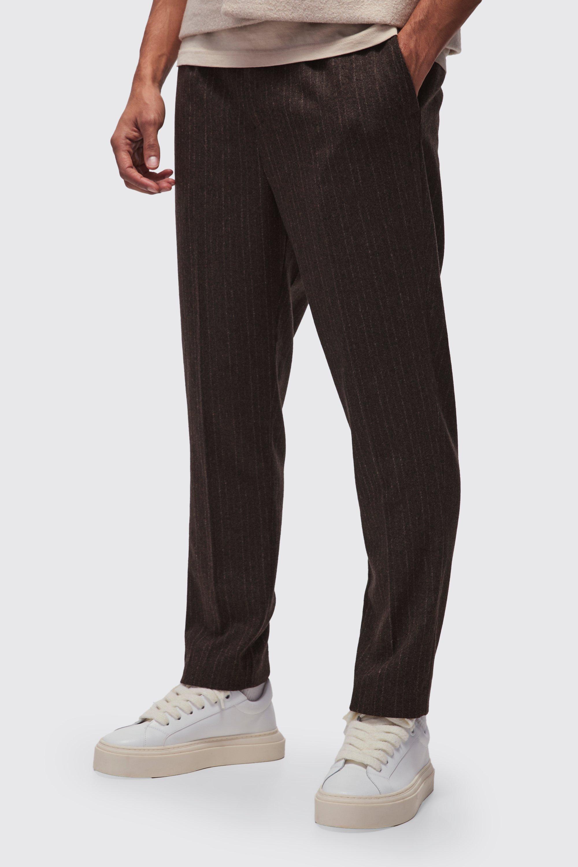 Mens Brown Tapered Fit Pinstripe Wool-Look Tailored Trousers, Brown