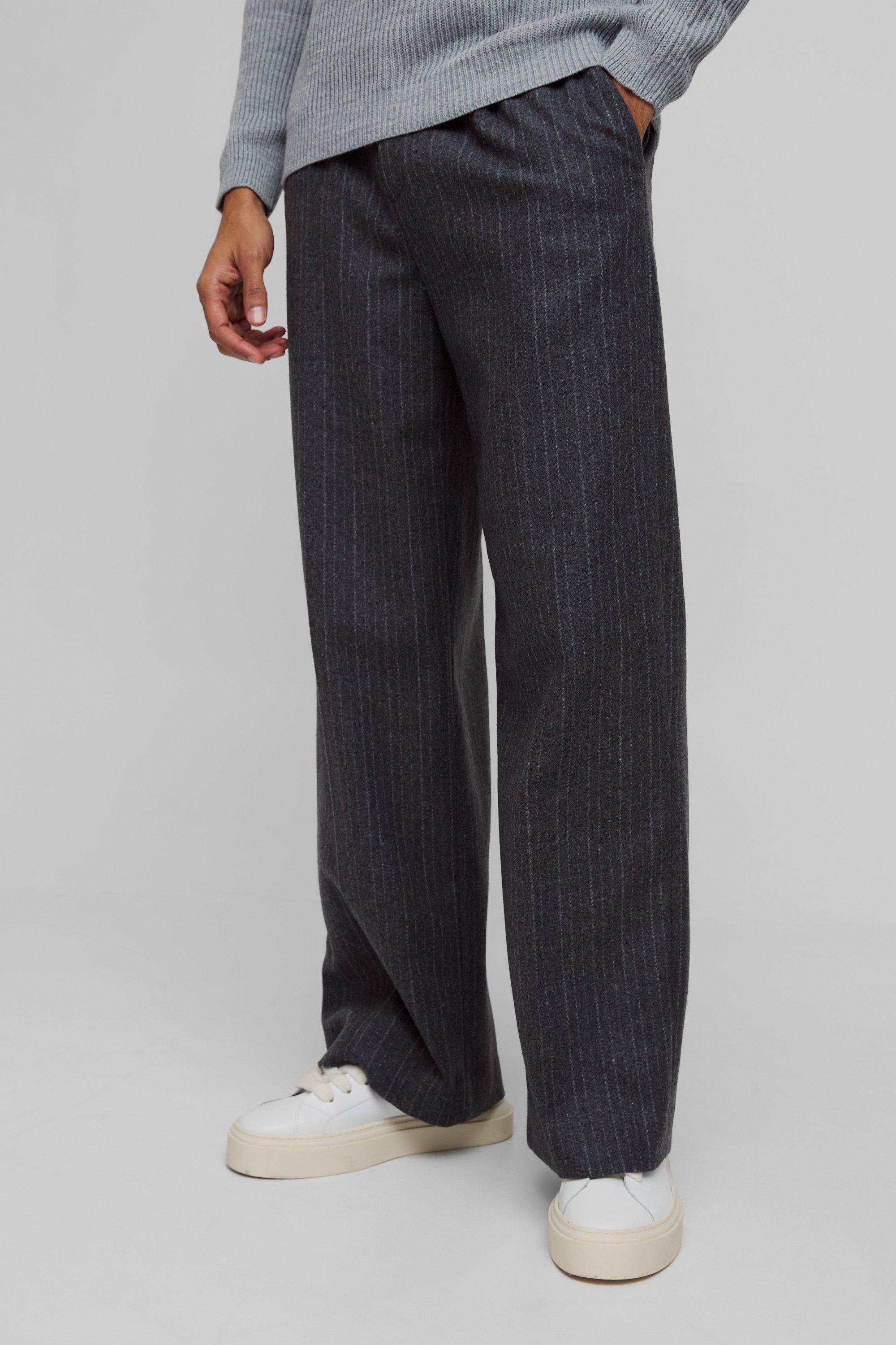 Mens Grey Wide Leg Pinstripe Wool-Look Tailored Trousers, Grey