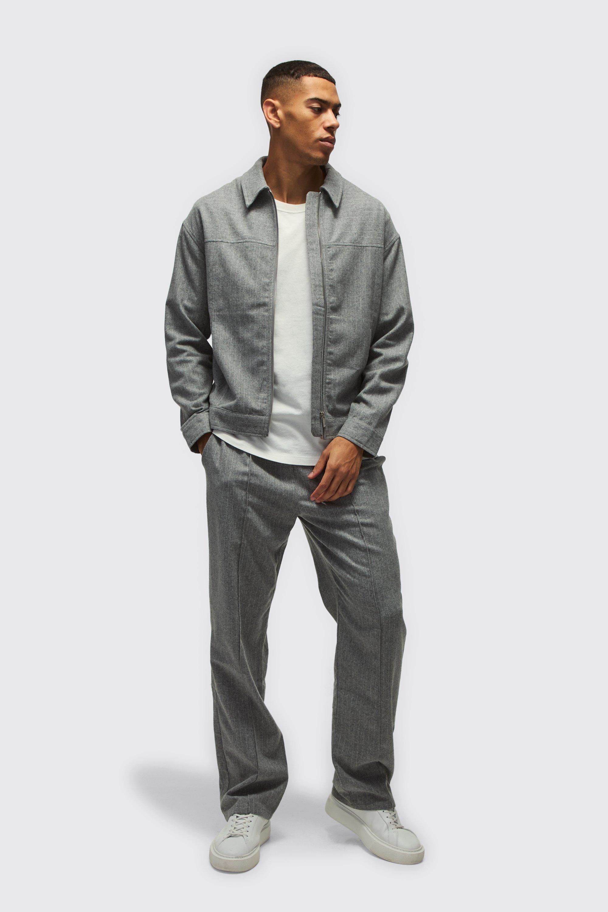 Mens Grey Regular Pinstripe Overshirt & Tapered Fit Trouser Set, Grey