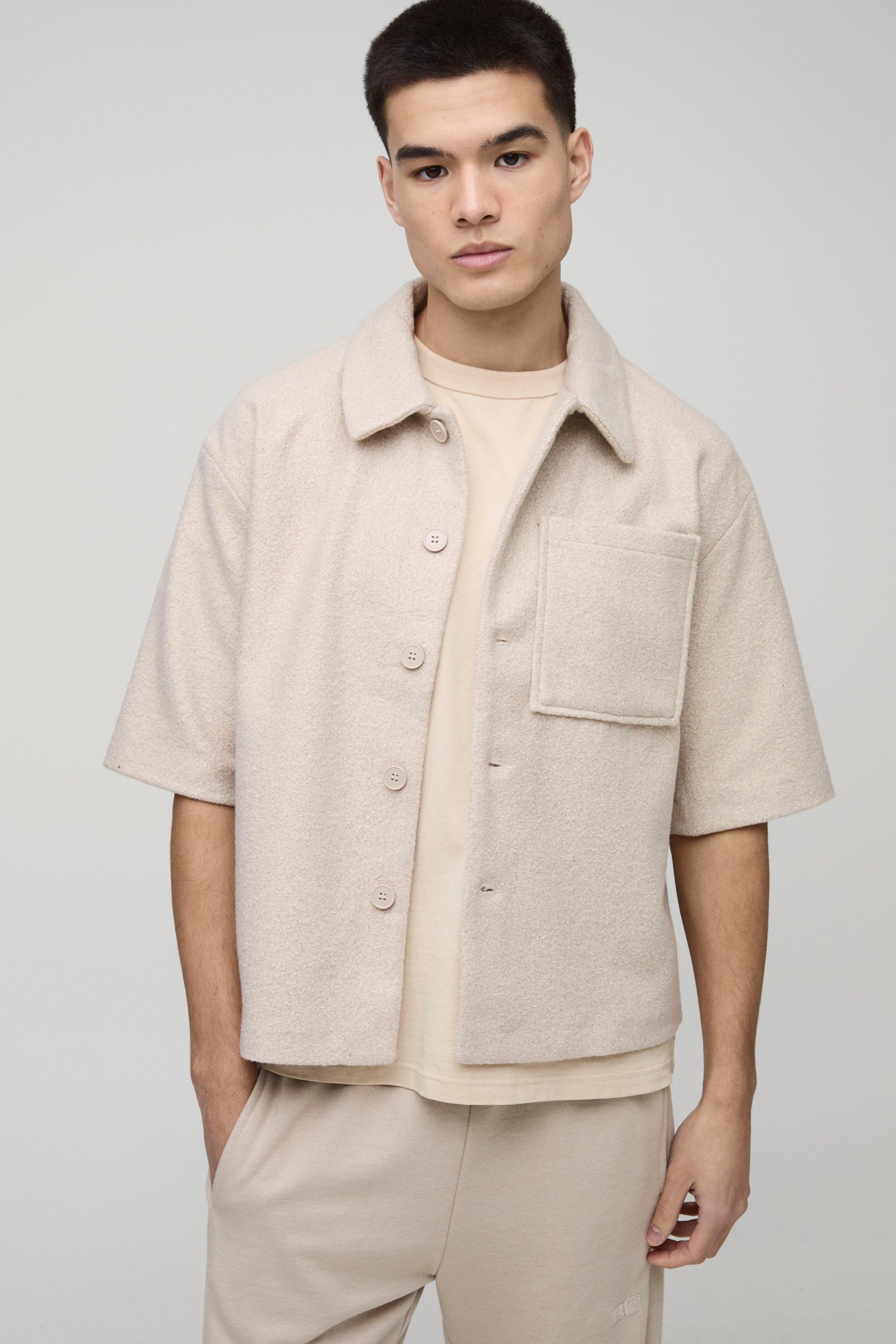 Camicia squadrata oversize in bouclé, Beige