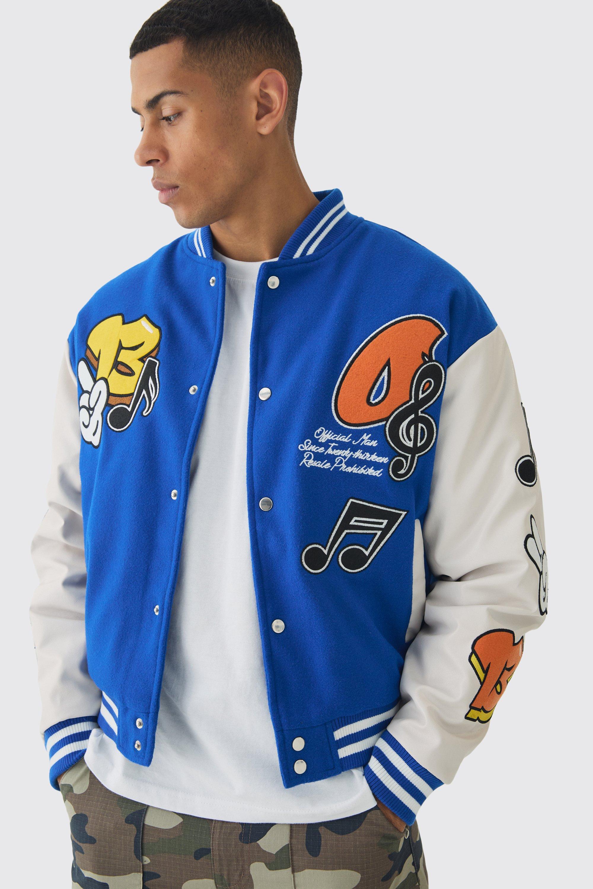 Mens Boxy OFCL Badge Varsity Jacket in Blue, Blue