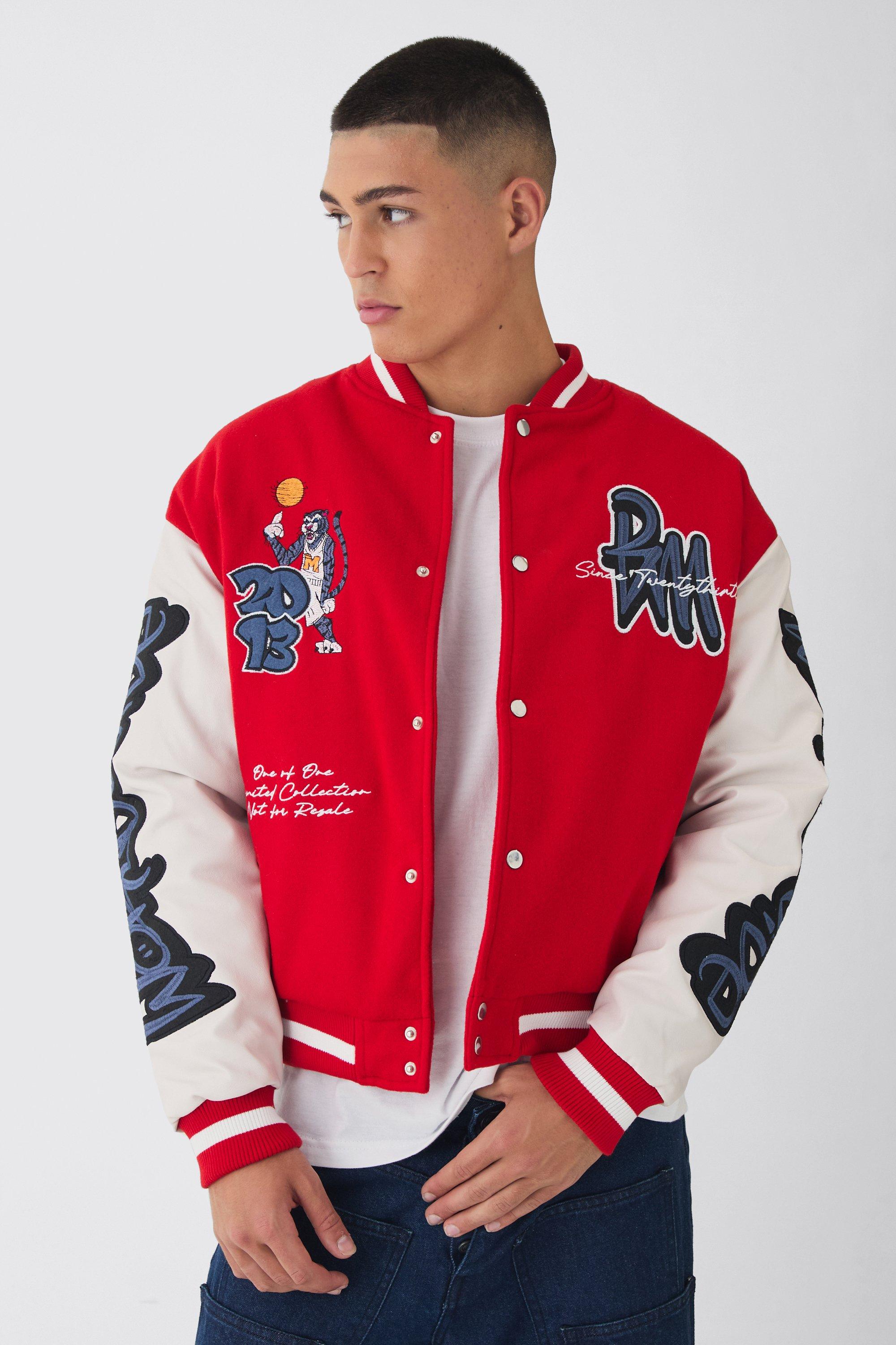 Mens Boxy Worldwide Tiger Badge Varsity Jacket in Red, Red