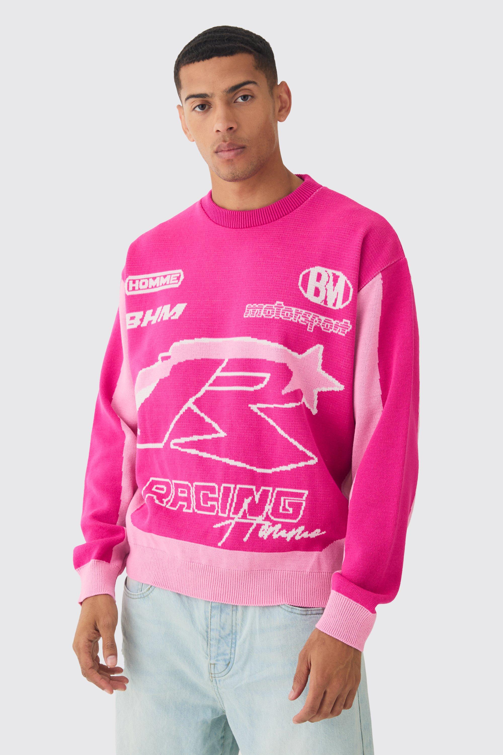 Maglione squadrato oversize in maglia da moto Racing, Pink