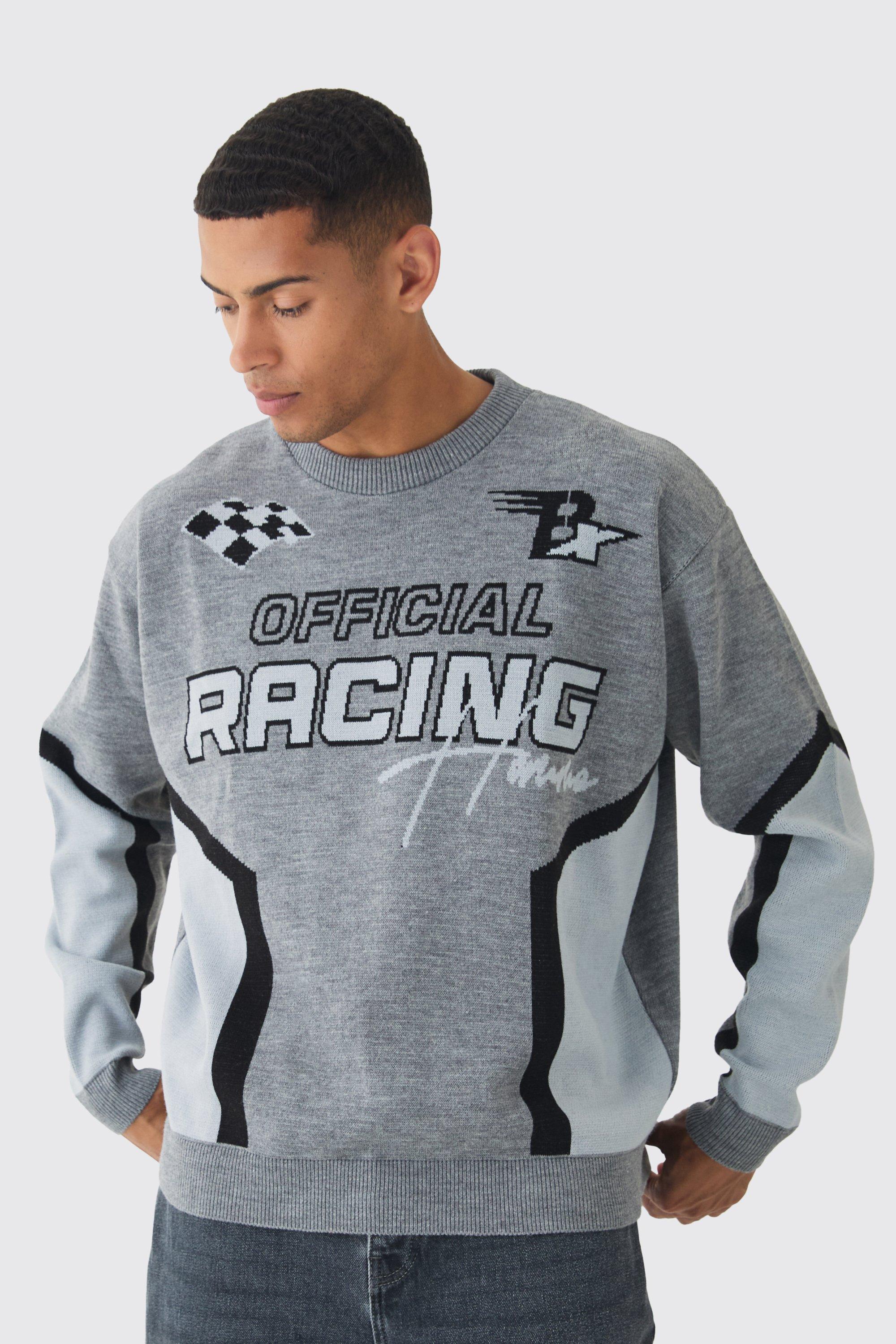 Maglione squadrato oversize in maglia da moto Racing, Grigio