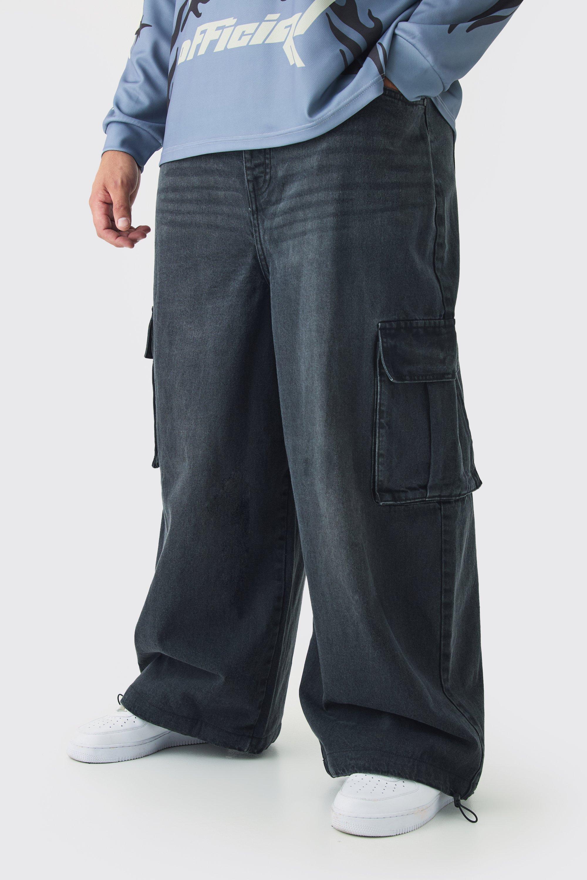Mens Black Plus Denim Cargo Parachute Jeans, Black