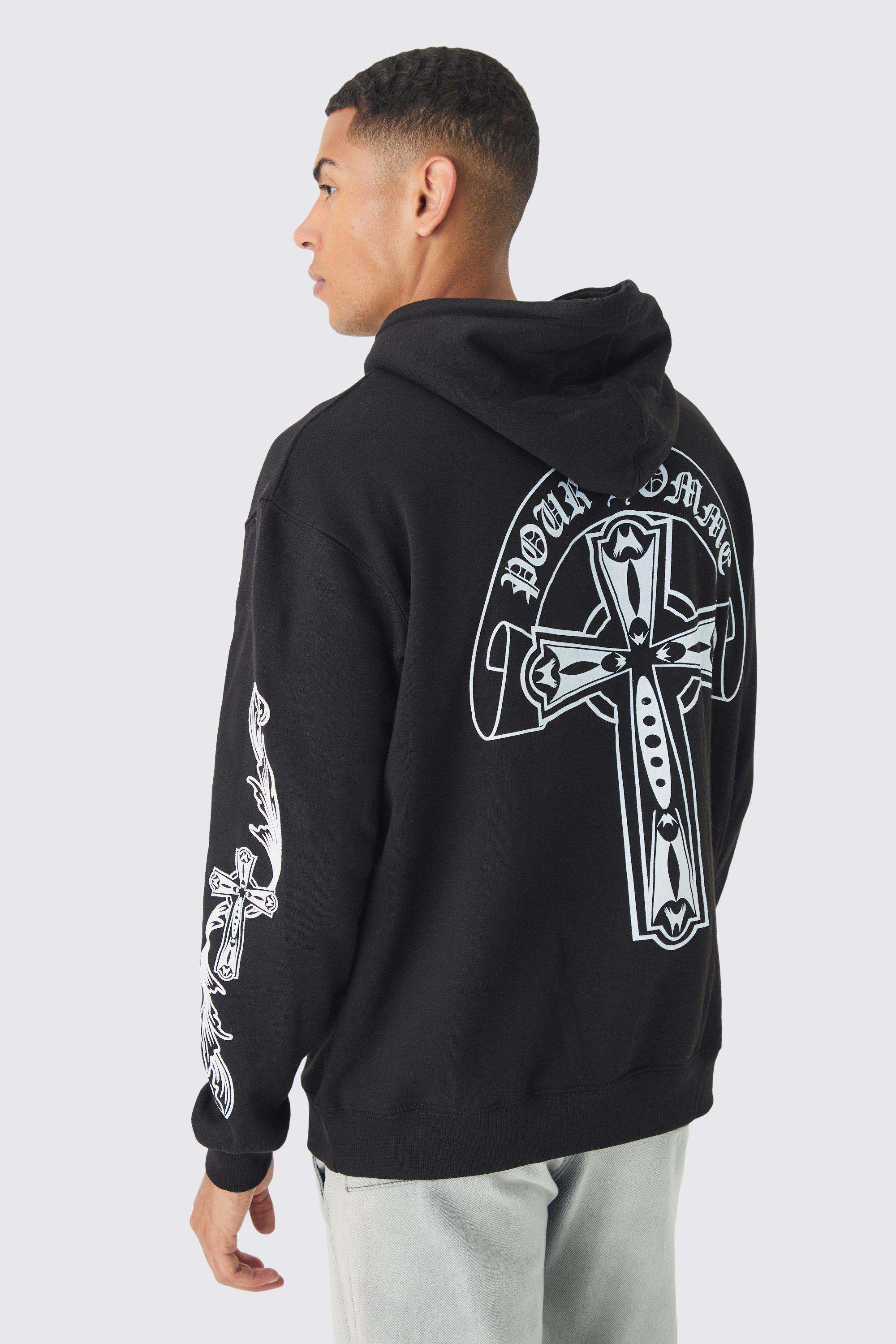 Mens Black Oversized Pour Homme Cross Hoodie, Black