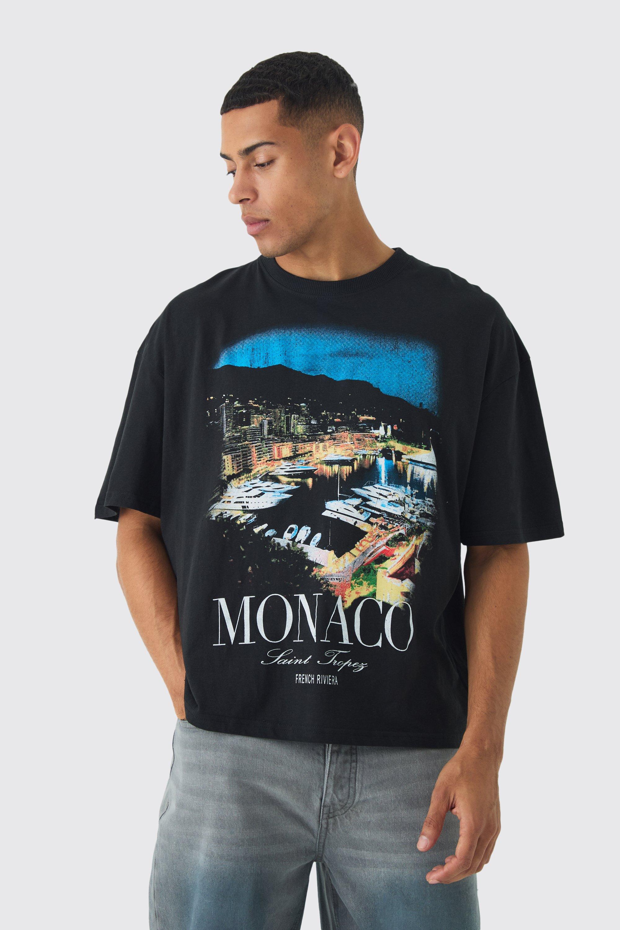 T-shirt squadrata oversize con grafica Monaco Saint Tropez, Nero