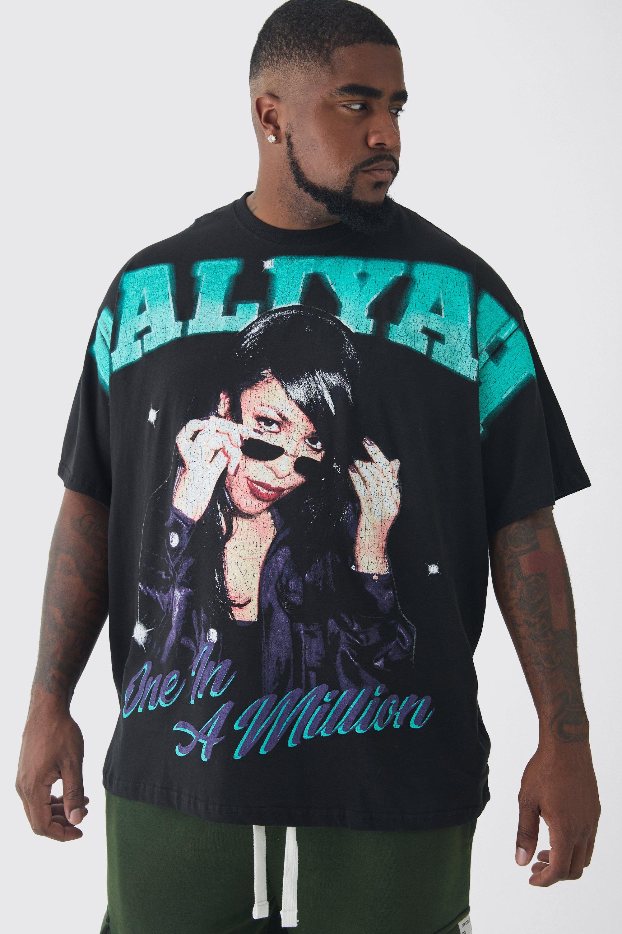 Mens Black Plus Oversized Aaliyah Large Scale License Print T-Shirt, Black
