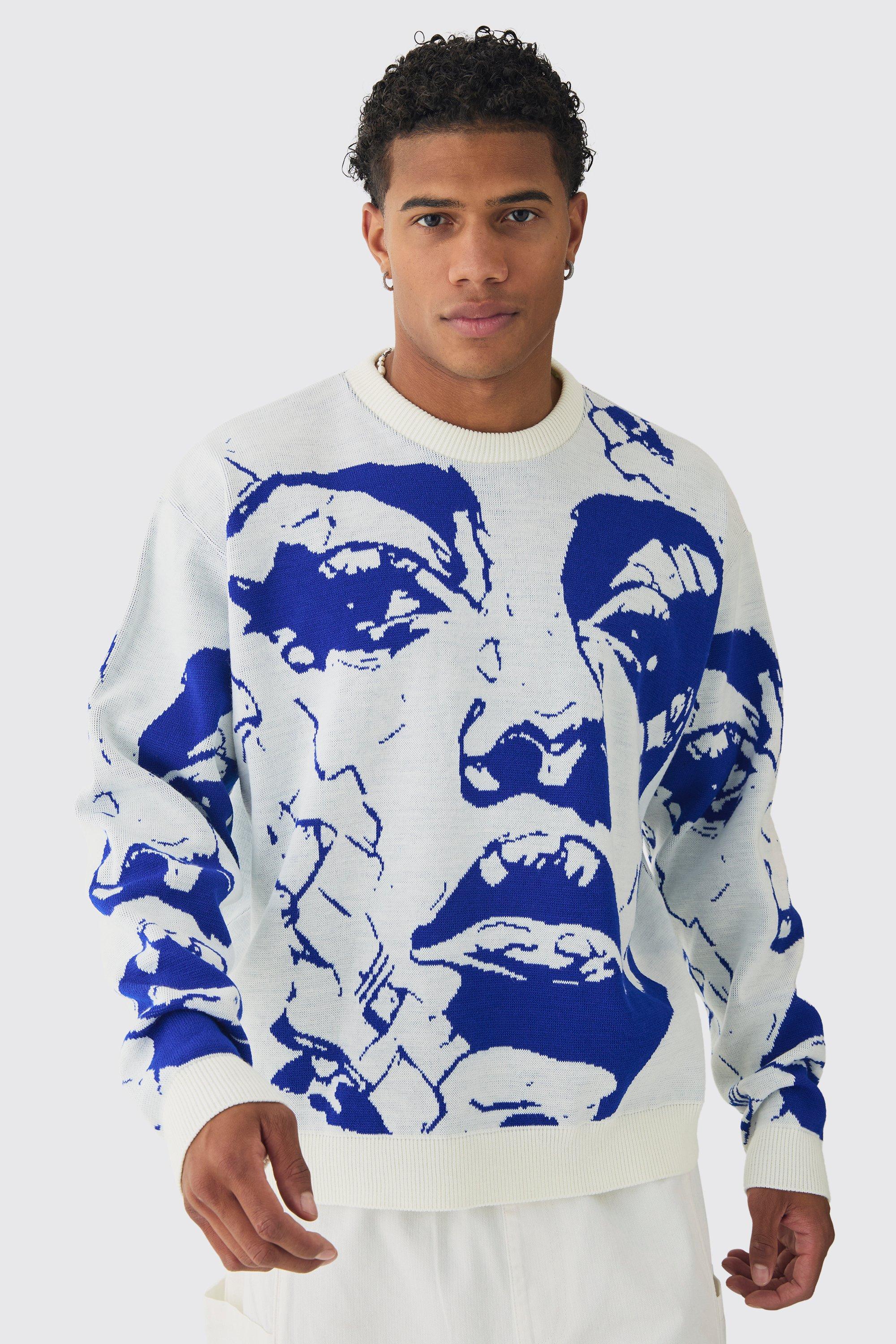 Mens White Oversized Boxy Line Face Knitted Jumper, White