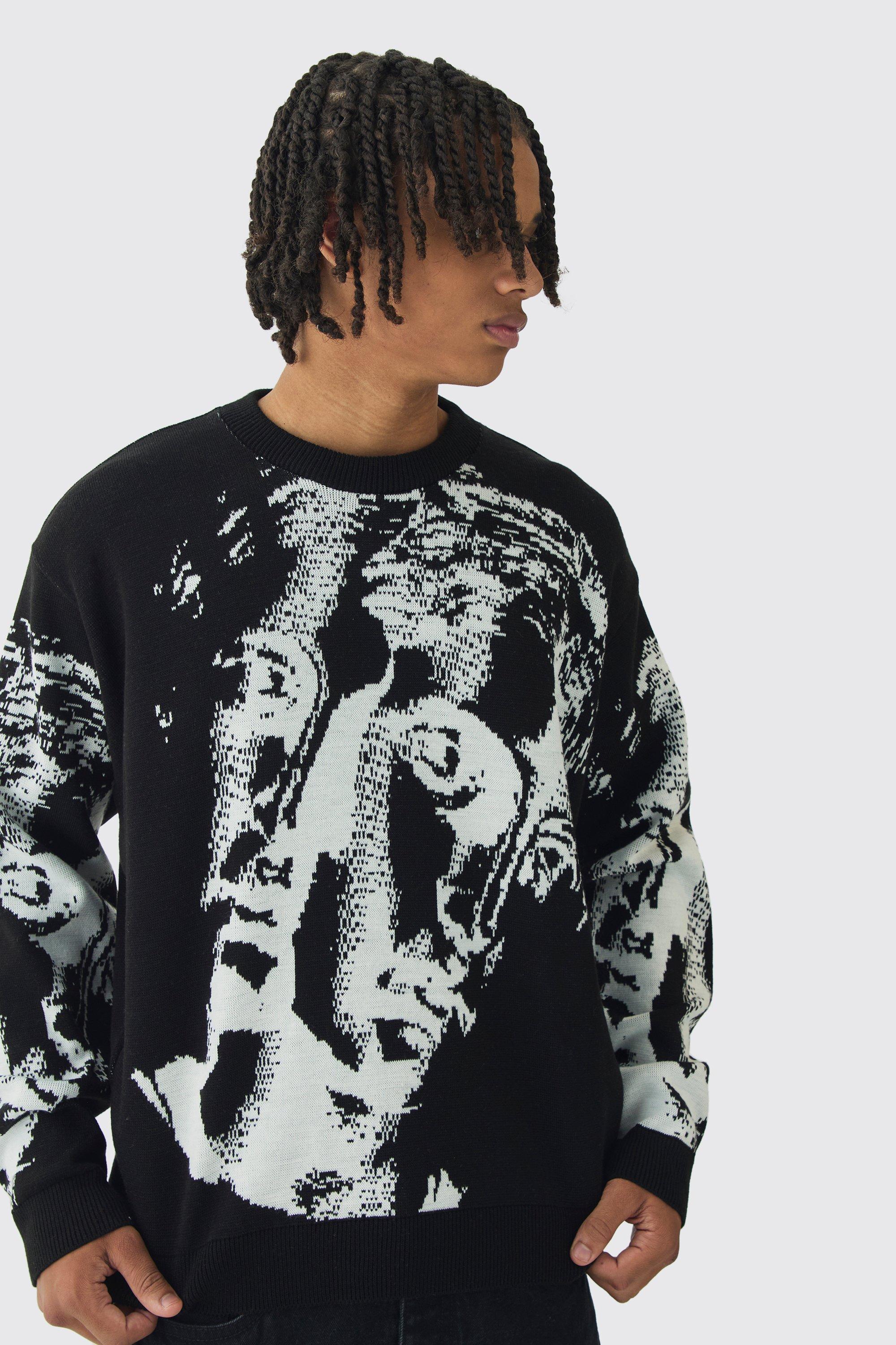 Image of Maglione squadrato oversize in maglia rinascimentale con Smiley, Nero