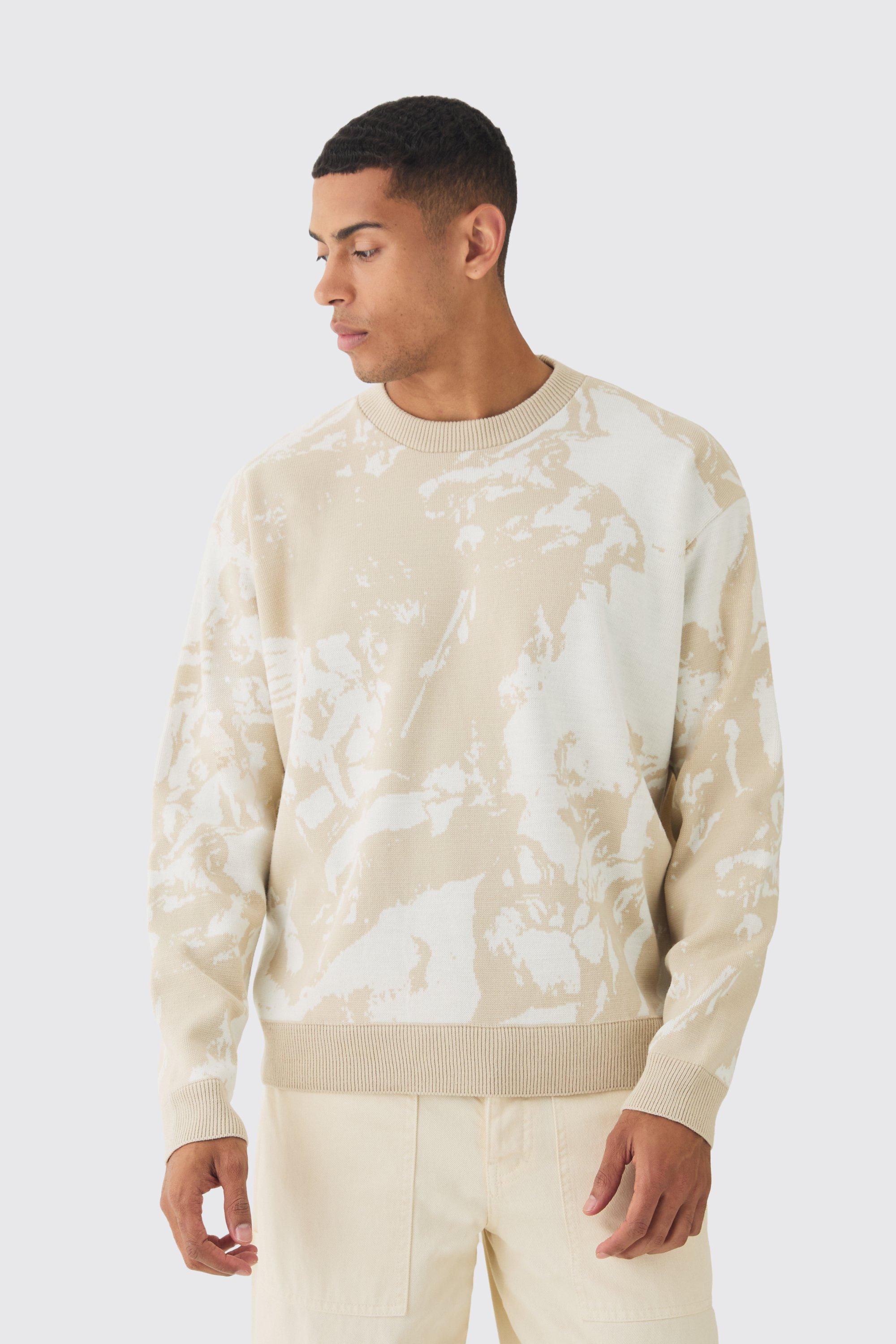 Mens Beige Oversized Boxy Renaissance Graphic Knit Jumper, Beige