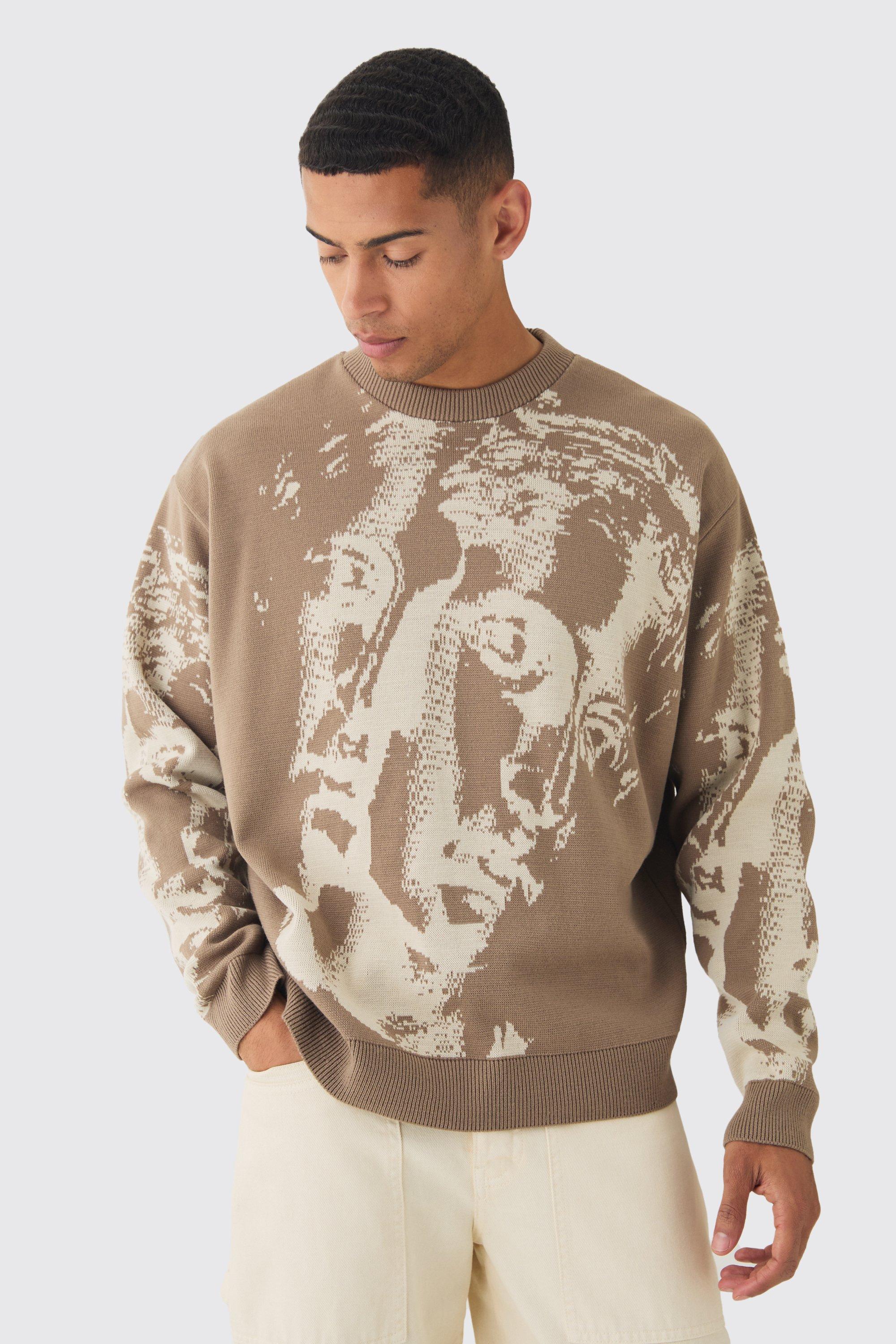 Mens Beige Oversized Renaissance Face Knit Jumper, Beige