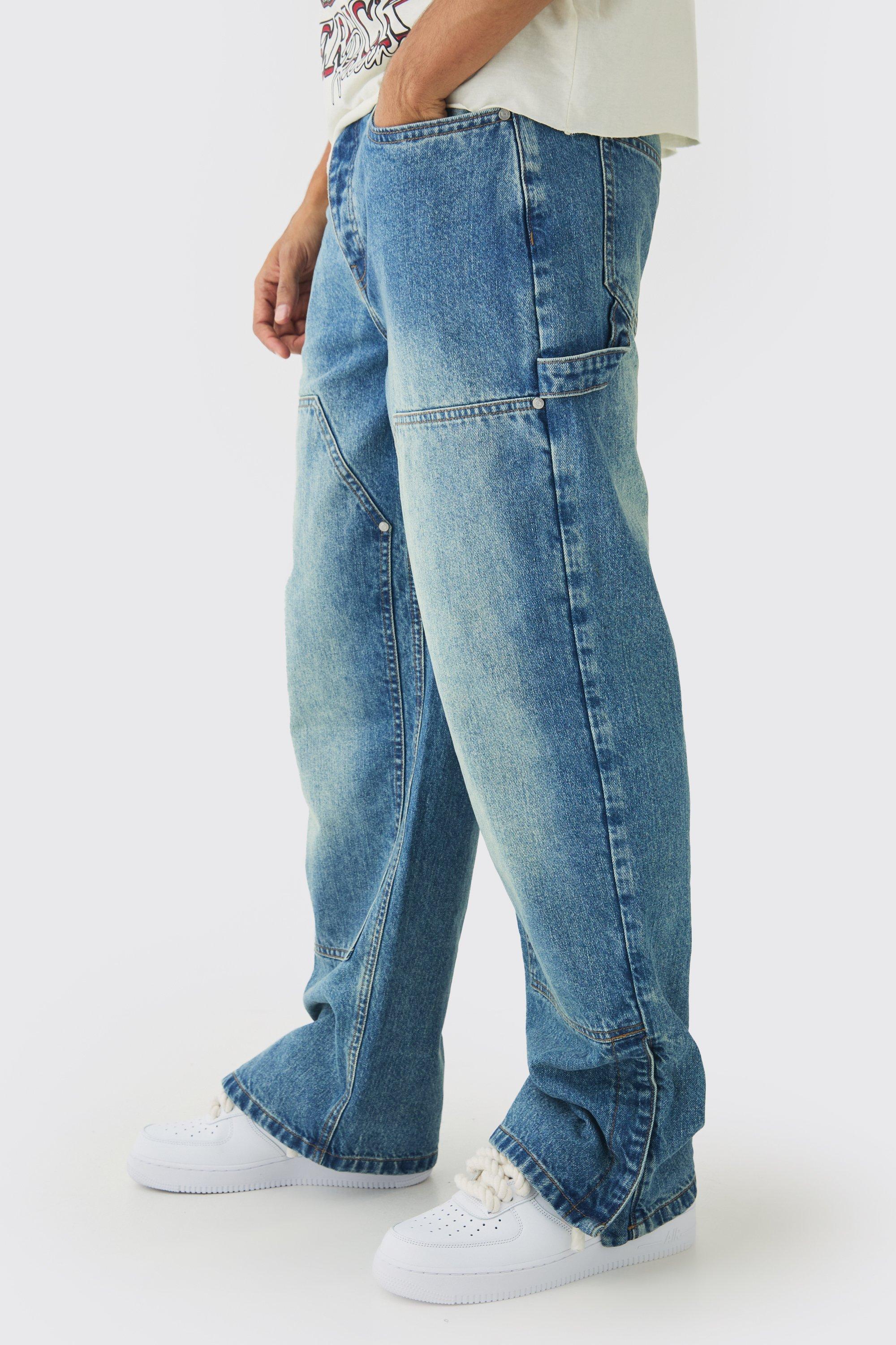 Mens Blue Relaxed Fit Carpenter Jeans With Split Hem, Blue